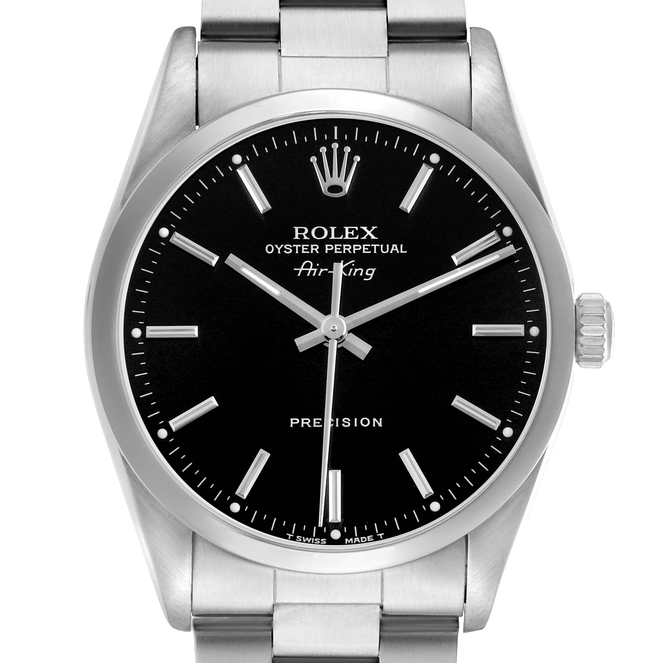 The Rolex Air-King 14000 Men's Stainless Steel Black Dial watch is shown from the front, displaying its dial, bezel, and part of the bracelet.