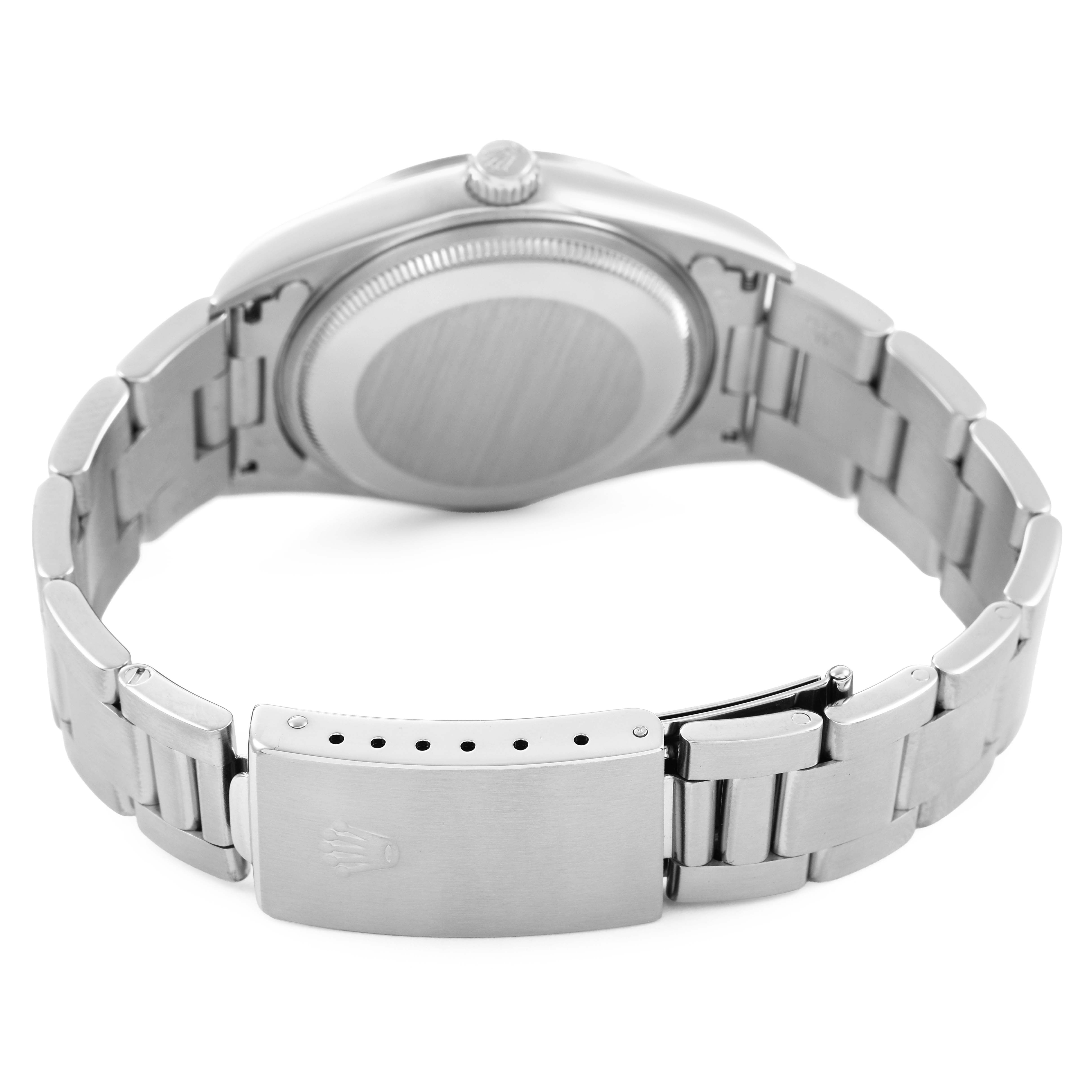 The image shows the back and strap, including the clasp and caseback, of the Rolex Air-King 14000 Men's Stainless Steel Black Dial watch at a slight angle.