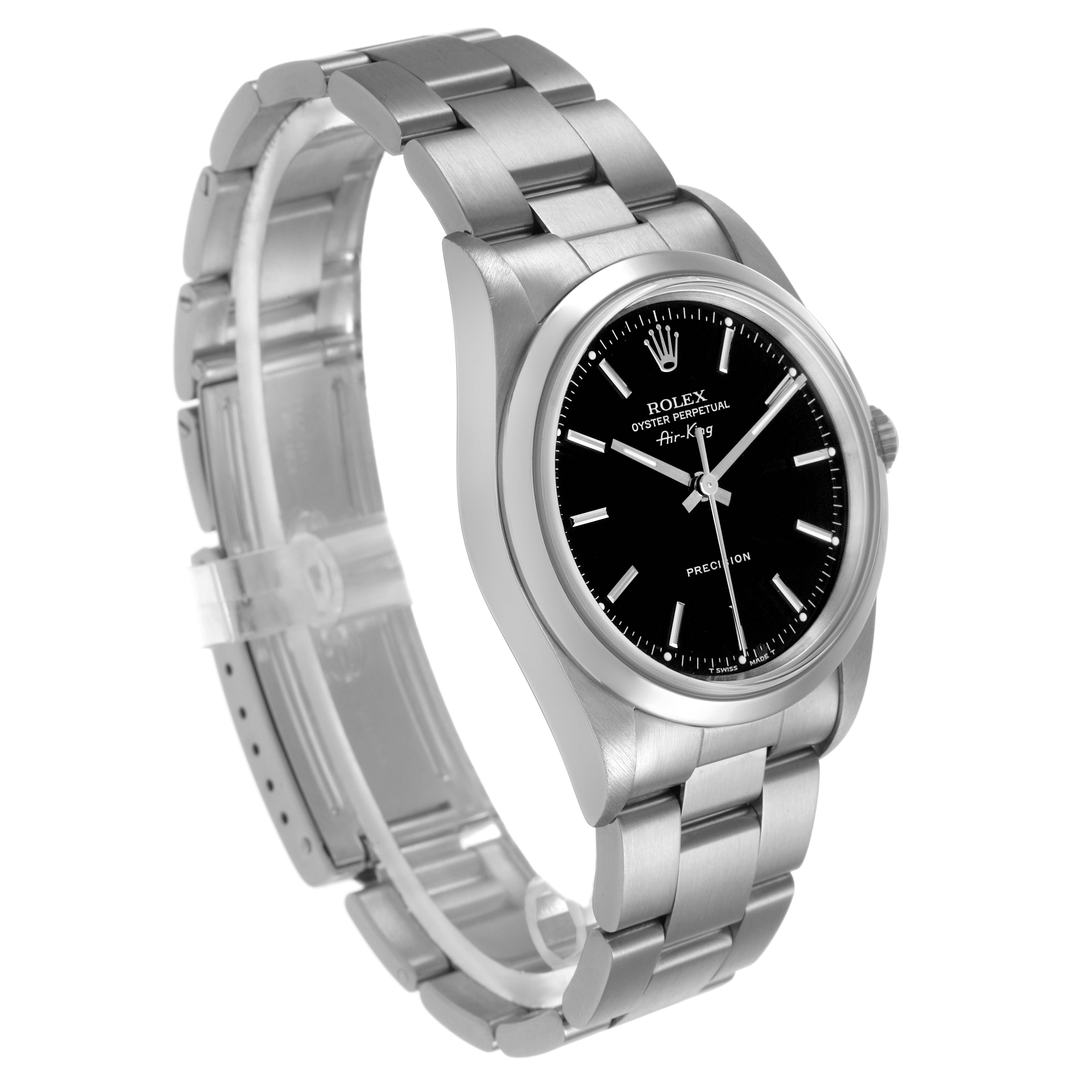 The Rolex Air-King 14000 Men's Stainless Steel Black Dial watch is shown at a slightly tilted angle, displaying the face, bezel, and bracelet.
