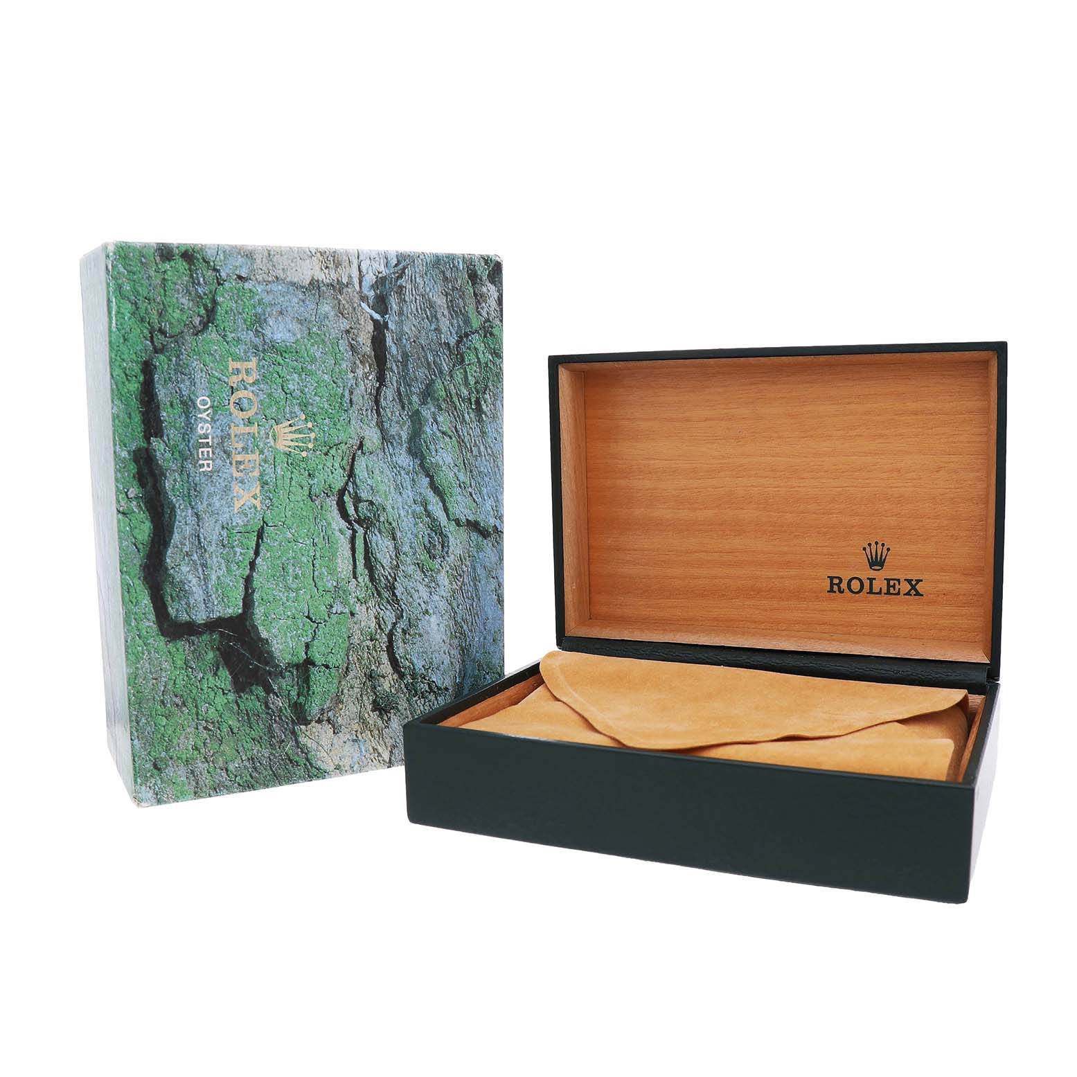 The image shows an open Rolex box for the Air-King model, with a wood interior and cloth cover, alongside its textured outer box.