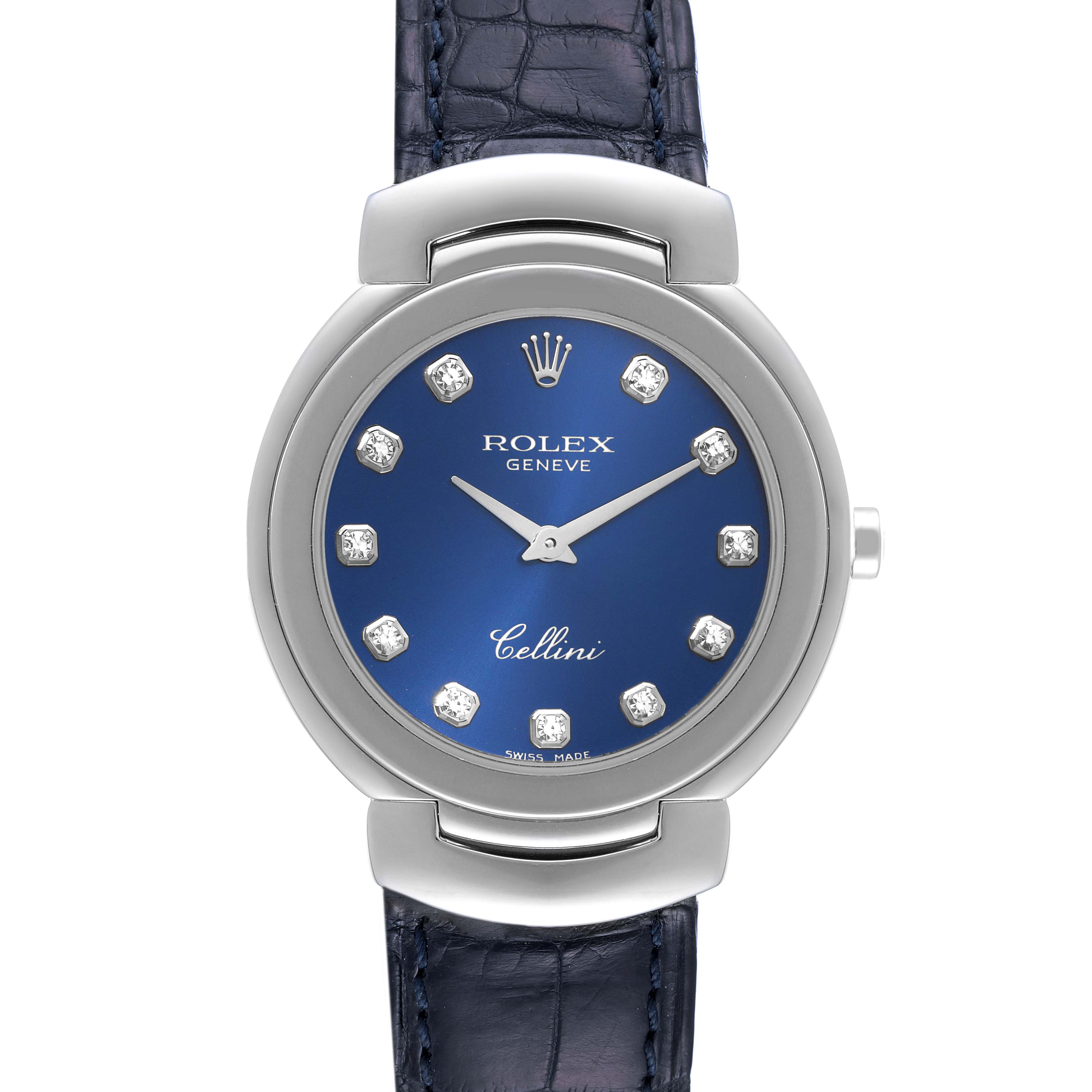 This image shows a front view of a Rolex Cellini 6221 Women's White Gold Blue Dial 6221 Women's White Gold Blue Dial watch with a blue dial and a leather strap.