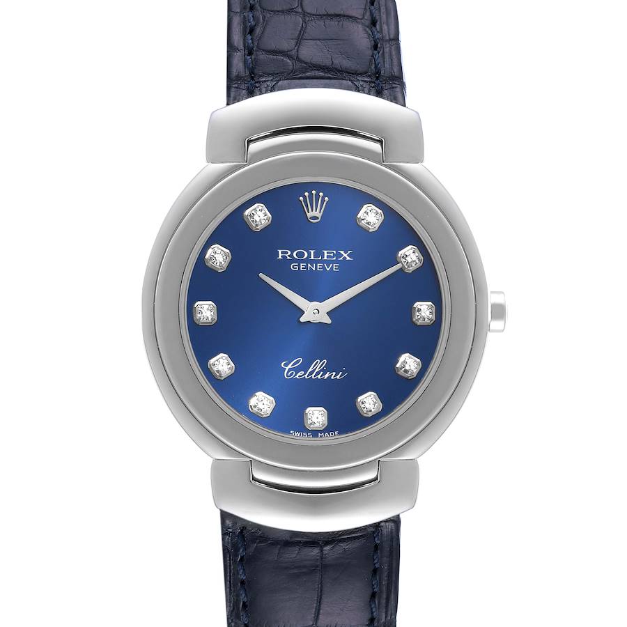 Rolex Cellini Cellissima 33mm White Gold Blue Diamond Dial Ladies Watch 6221 SwissWatchExpo