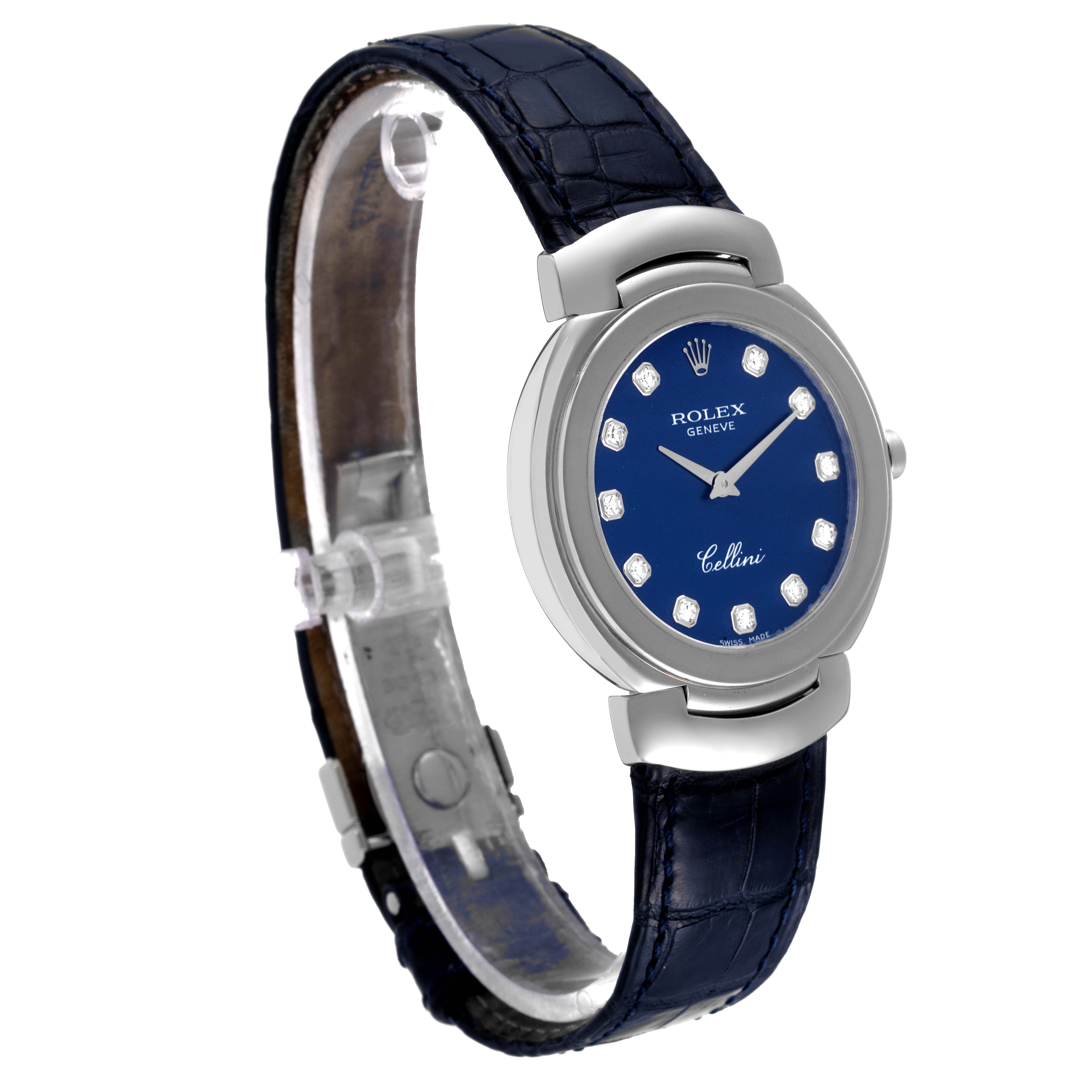 This image shows a Rolex Cellini 6221 Women's White Gold Blue Dial 6221 Women's White Gold Blue Dial watch at an angle highlighting the face, strap, and side view of the case.