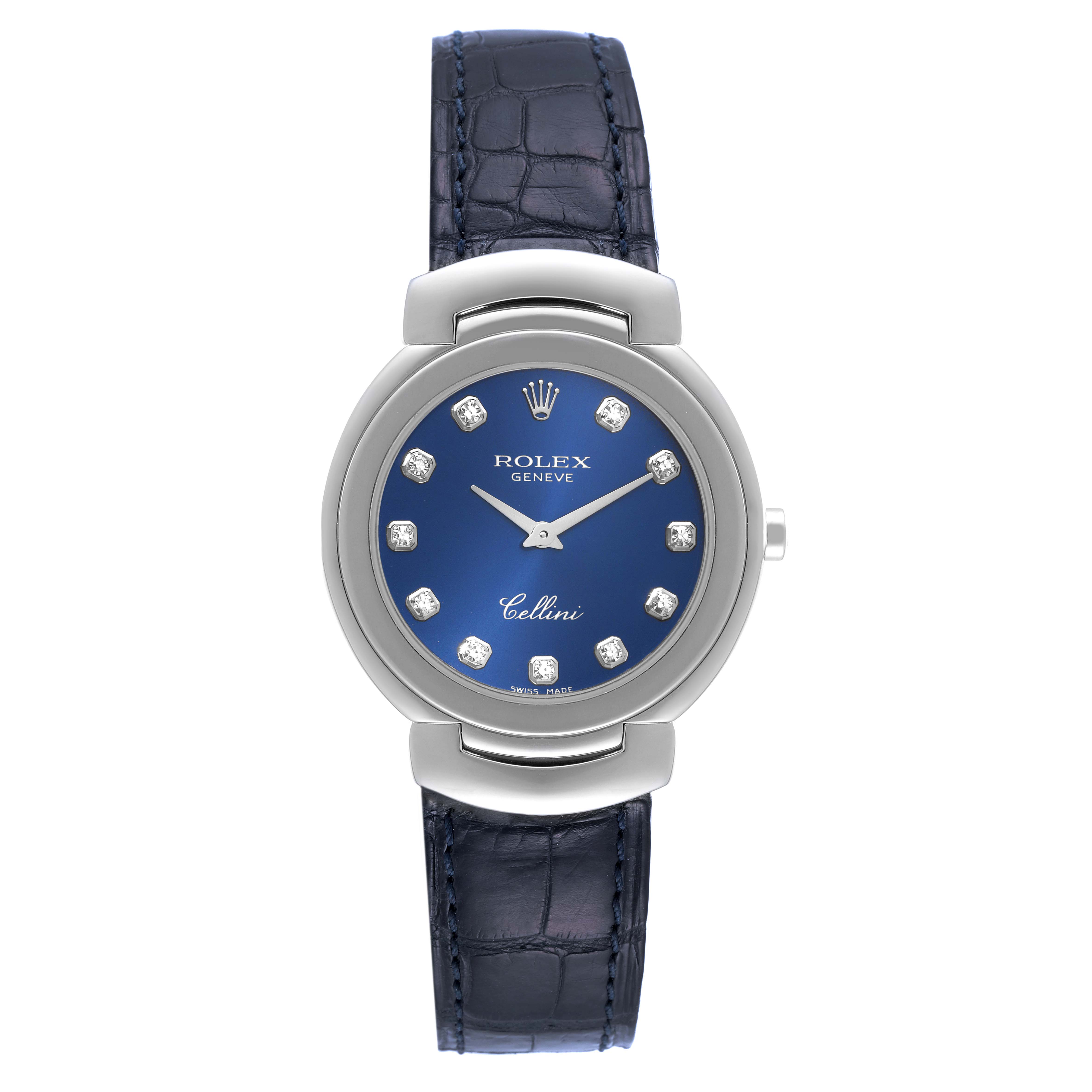 This image shows a frontal view of a Rolex Cellini 6221 Women's White Gold Blue Dial 6221 Women's White Gold Blue Dial watch, displaying its blue dial, diamond hour markers, and leather strap.