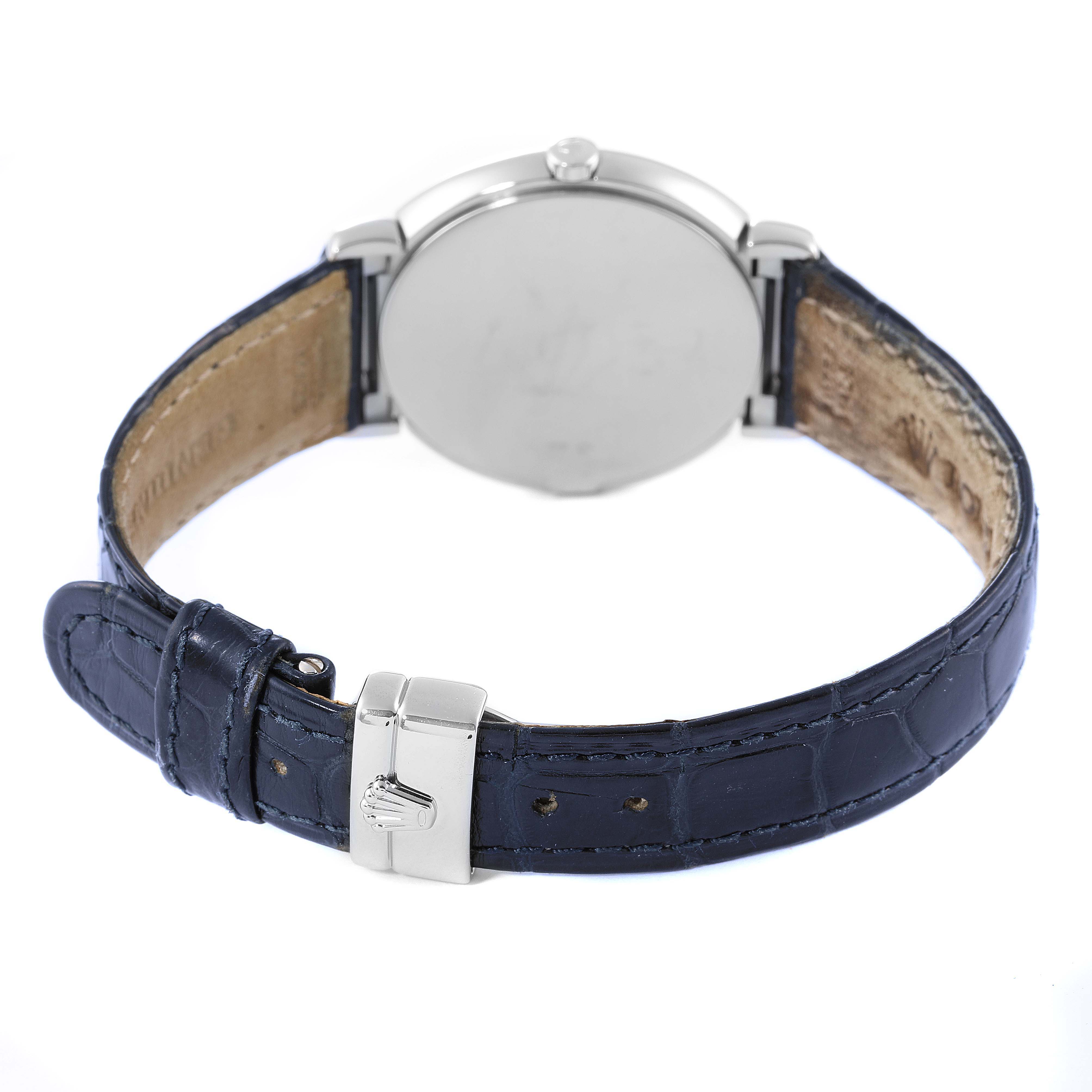 This image shows the back view of a Rolex Cellini 6221 Women's White Gold Blue Dial 6221 Women's White Gold Blue Dial watch with a blue leather strap and a silver clasp.