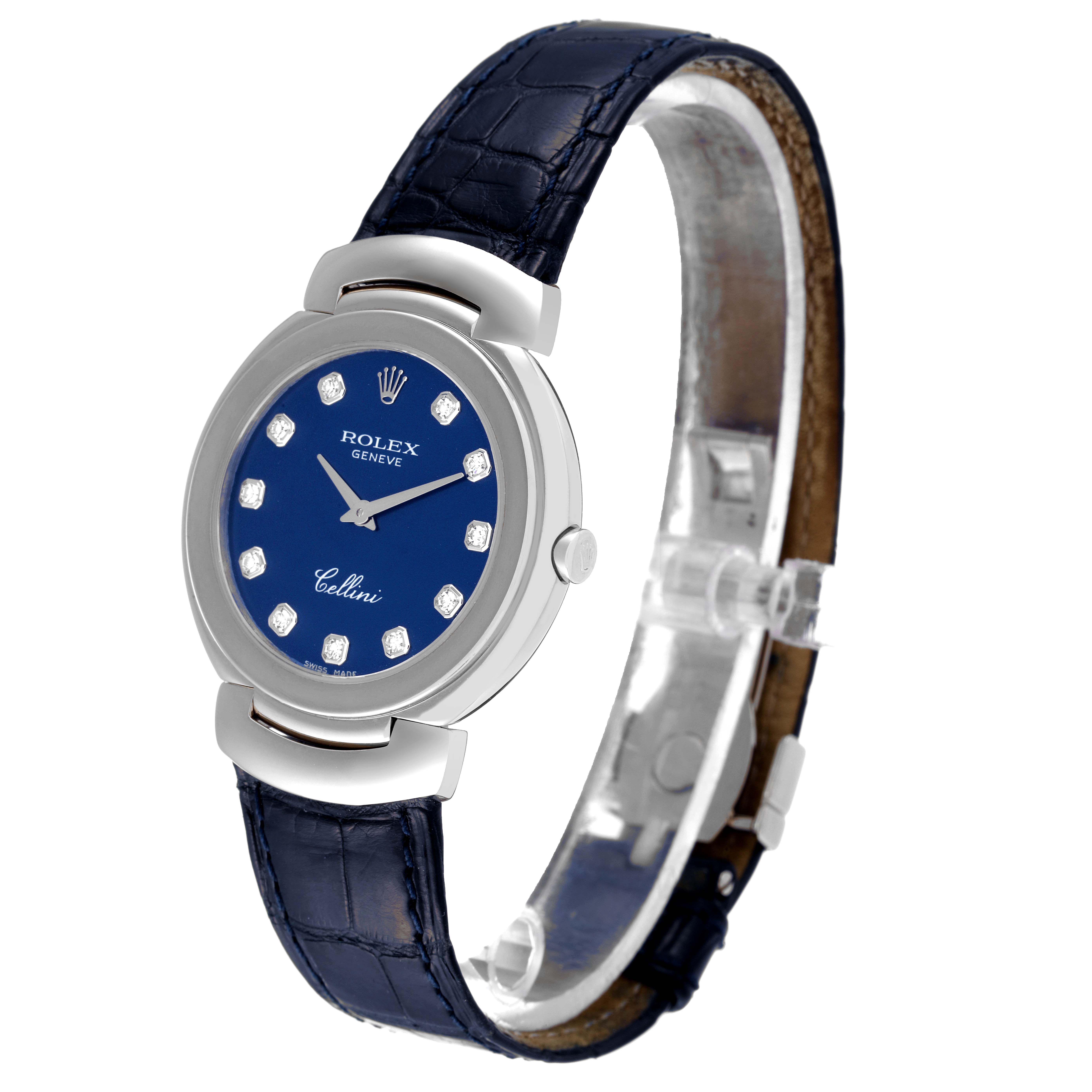 This image shows the front view of a Rolex Cellini 6221 Women's White Gold Blue Dial 6221 Women's White Gold Blue Dial watch showcasing its blue dial and leather strap.