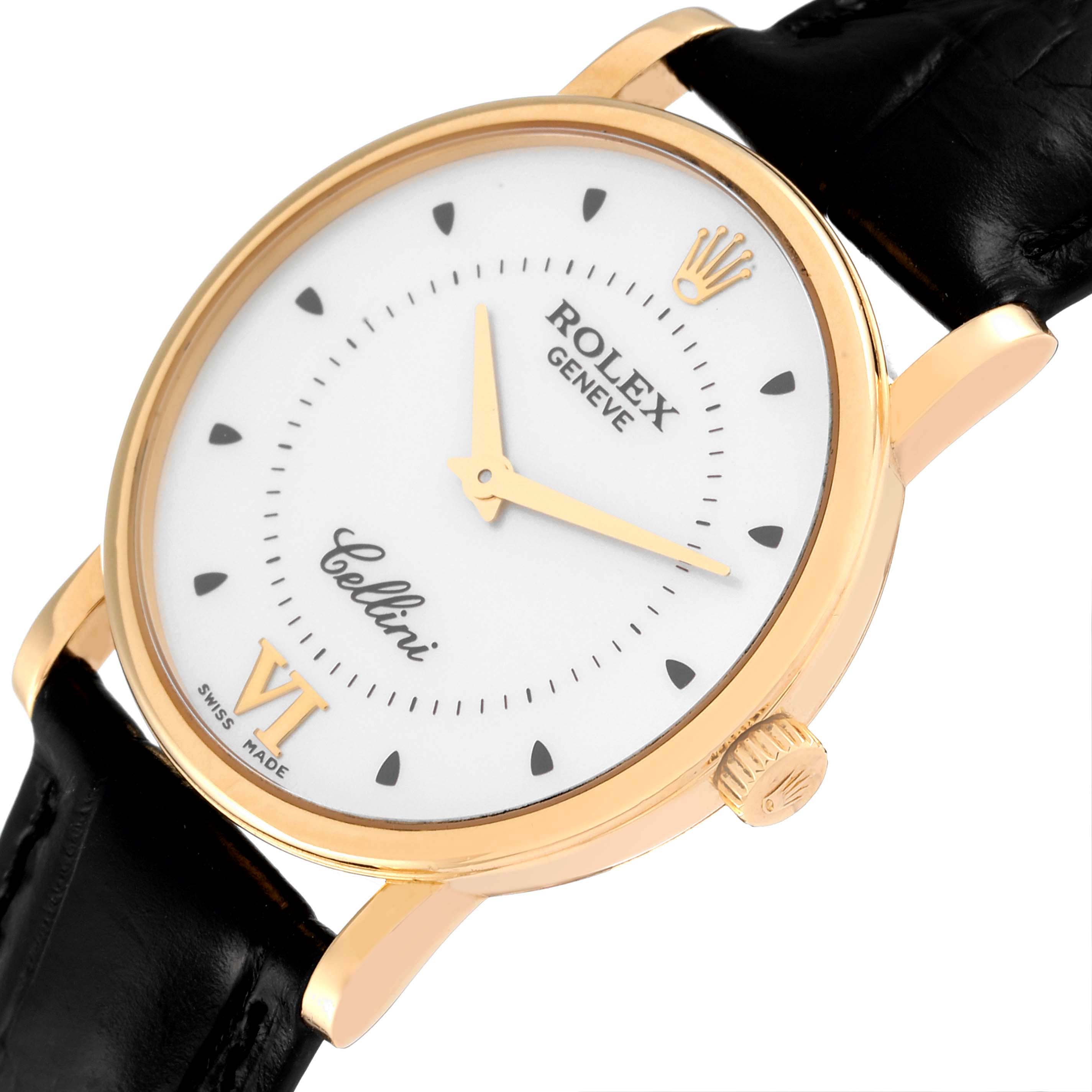 The Rolex Cellini 5115 Men's Yellow Gold Silver Dial 5115 Men's Yellow Gold Silver Dial watch is shown at an angled close-up, highlighting its gold case, white dial, and black leather strap.