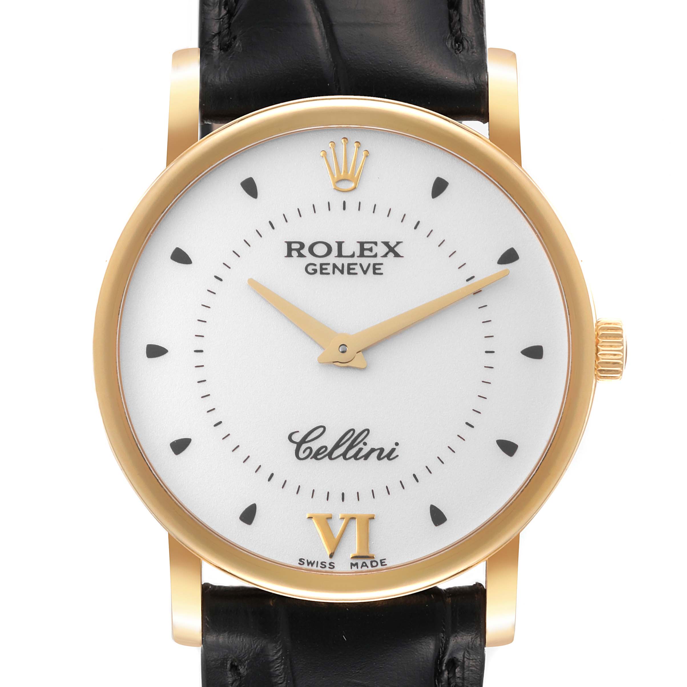 The image shows a front view of a Rolex Cellini 5115 Men's Yellow Gold Silver Dial 5115 Men's Yellow Gold Silver Dial watch, highlighting the dial, hands, crown, and part of the leather strap.