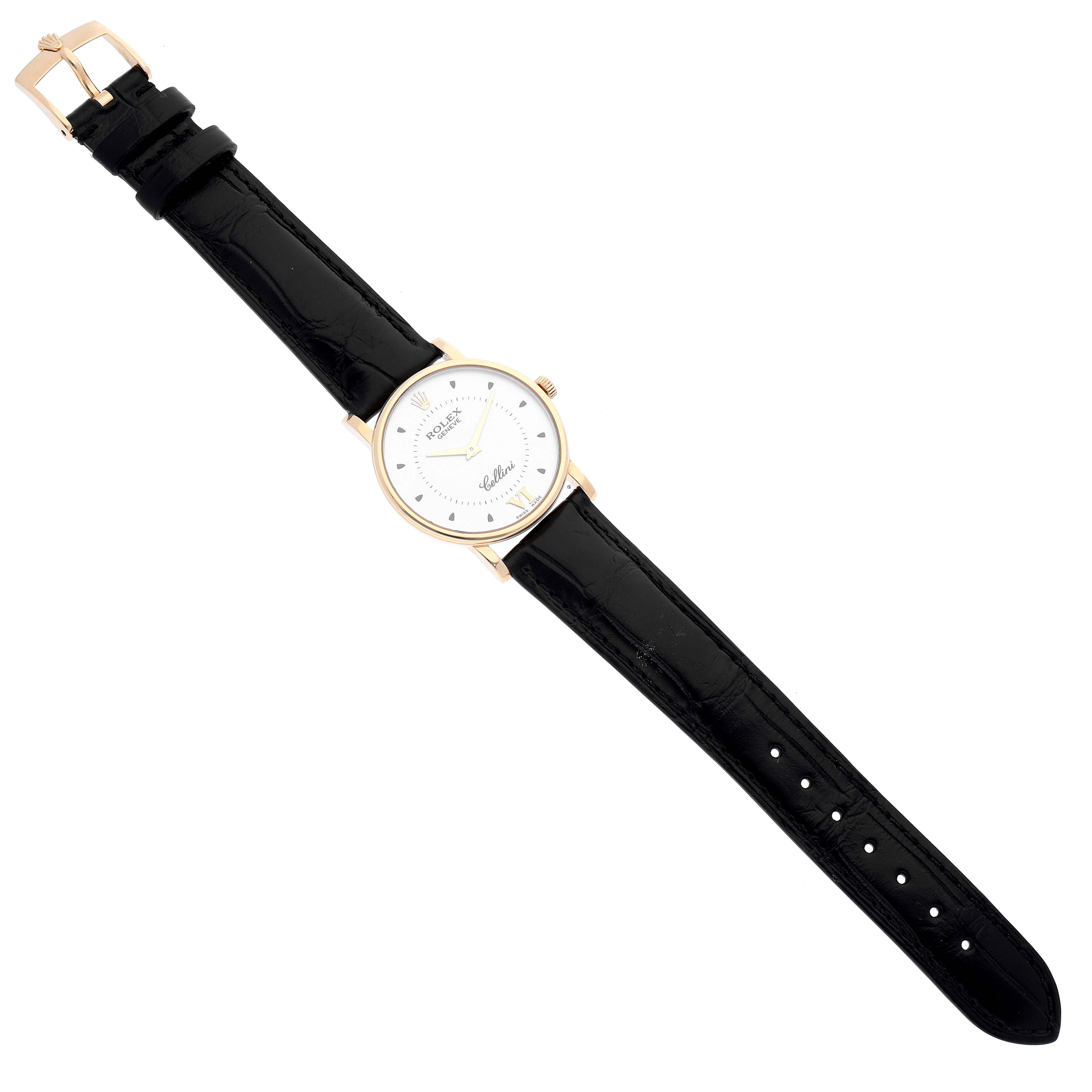 The image shows a top-down view of a Rolex Cellini 5115 Men's Yellow Gold Silver Dial 5115 Men's Yellow Gold Silver Dial watch with a black leather strap and gold case.