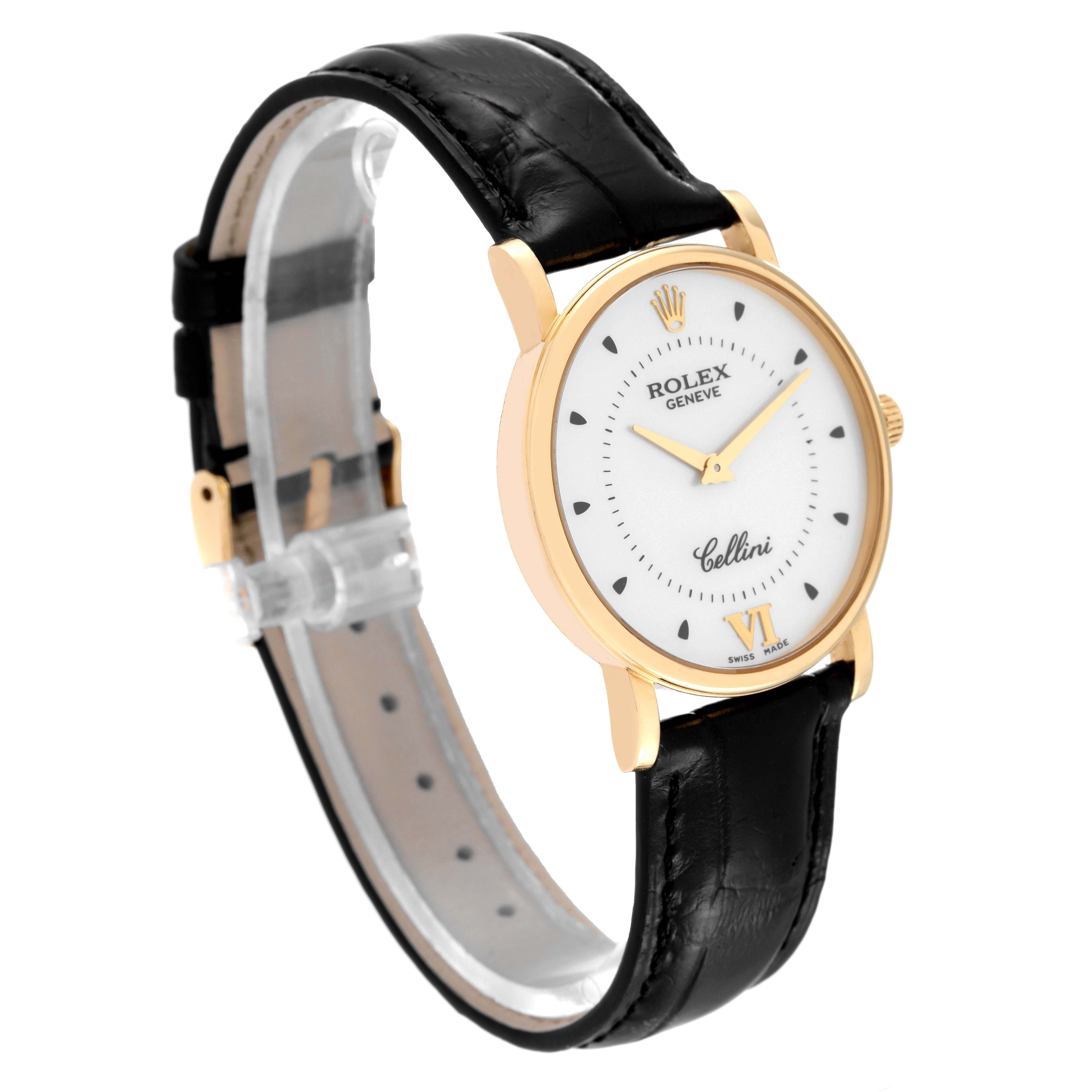 This image shows a side angle of the Rolex Cellini 5115 Men's Yellow Gold Silver Dial 5115 Men's Yellow Gold Silver Dial watch, highlighting its face, strap, and clasp.