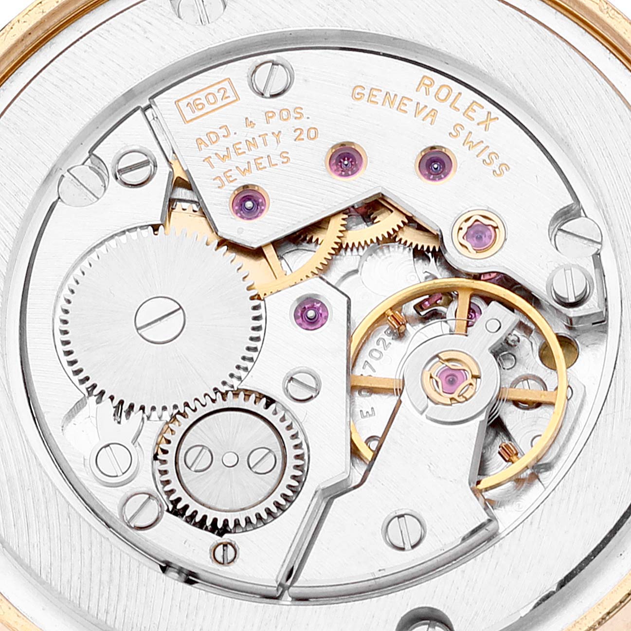 This image shows a close-up view of the internal mechanical movement of a Rolex Cellini 5115 Men's Yellow Gold Silver Dial 5115 Men's Yellow Gold Silver Dial watch.