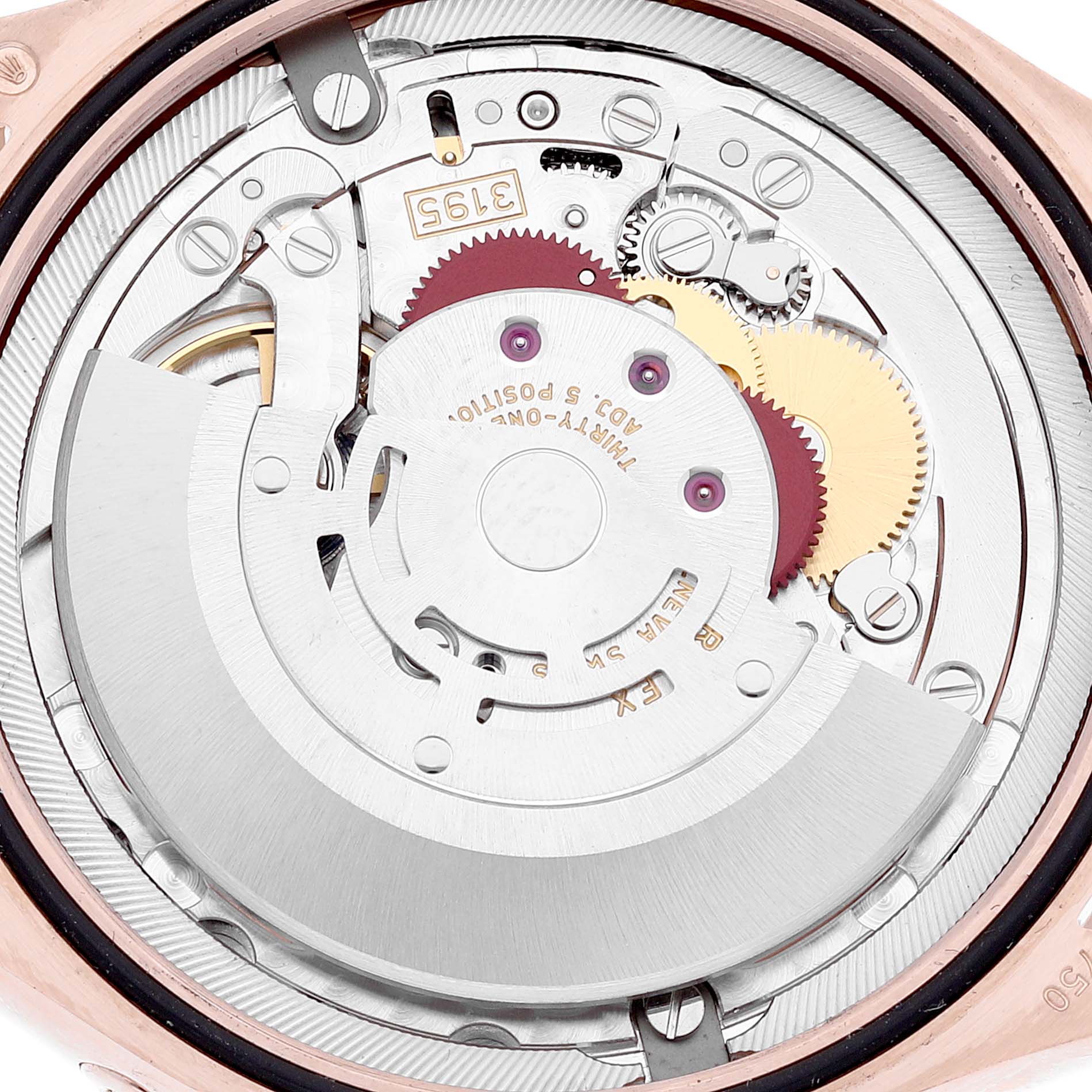 This image displays the movement components of the Rolex Cellini 50535 Men's Rose Gold White Dial 50535 Men's Rose Gold White Dial model from a close-up, internal view.