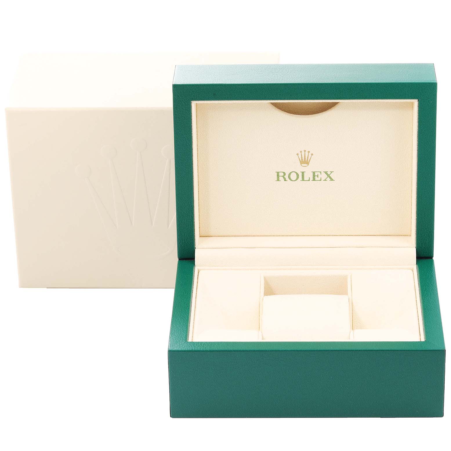 This image shows an open green and beige Rolex Cellini 50535 Men's Rose Gold White Dial 50535 Men's Rose Gold White Dial watch box with the lid and compartments exposed, and an outer beige box in the background.