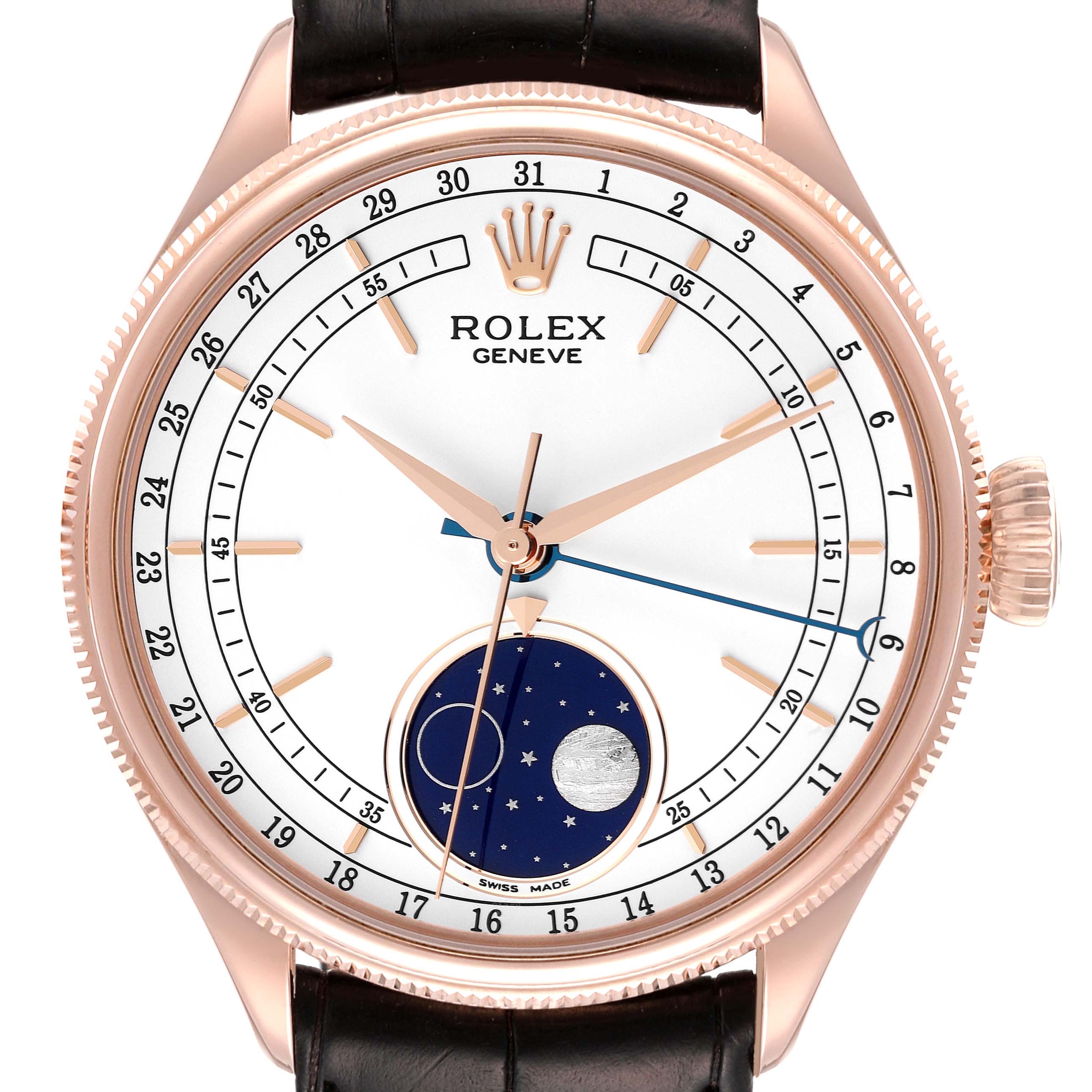 This image shows a front view of the Rolex Cellini 50535 Men's Rose Gold White Dial 50535 Men's Rose Gold White Dial watch, displaying the hour, minute, and second hands along with the moonphase subdial.