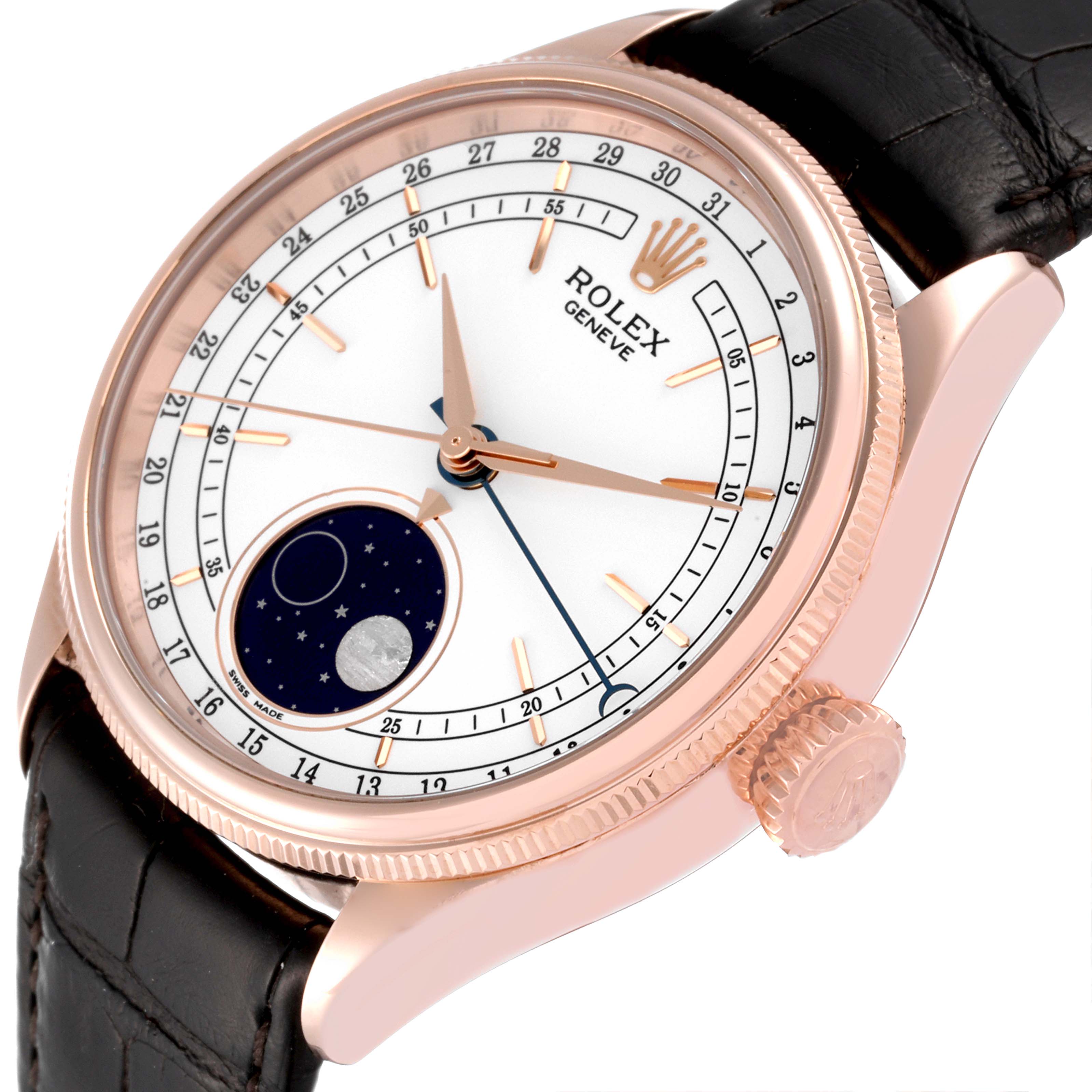 The image shows a close-up, angled view of the Rolex Cellini 50535 Men's Rose Gold White Dial 50535 Men's Rose Gold White Dial watch, highlighting the dial, hands, crown, and part of the strap.
