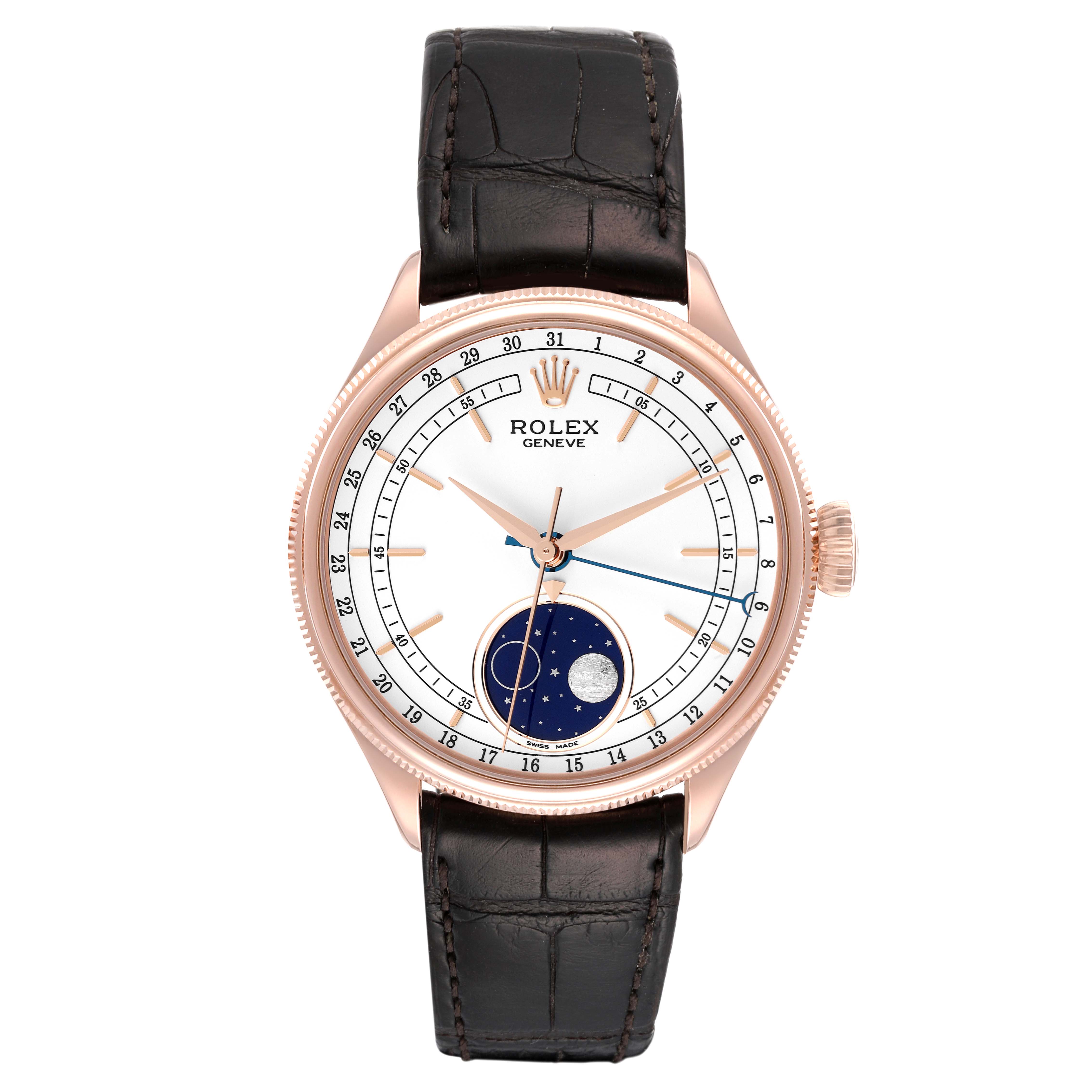 This image shows a front view of a Rolex Cellini 50535 Men's Rose Gold White Dial 50535 Men's Rose Gold White Dial watch with a leather strap and moon phase indicator.