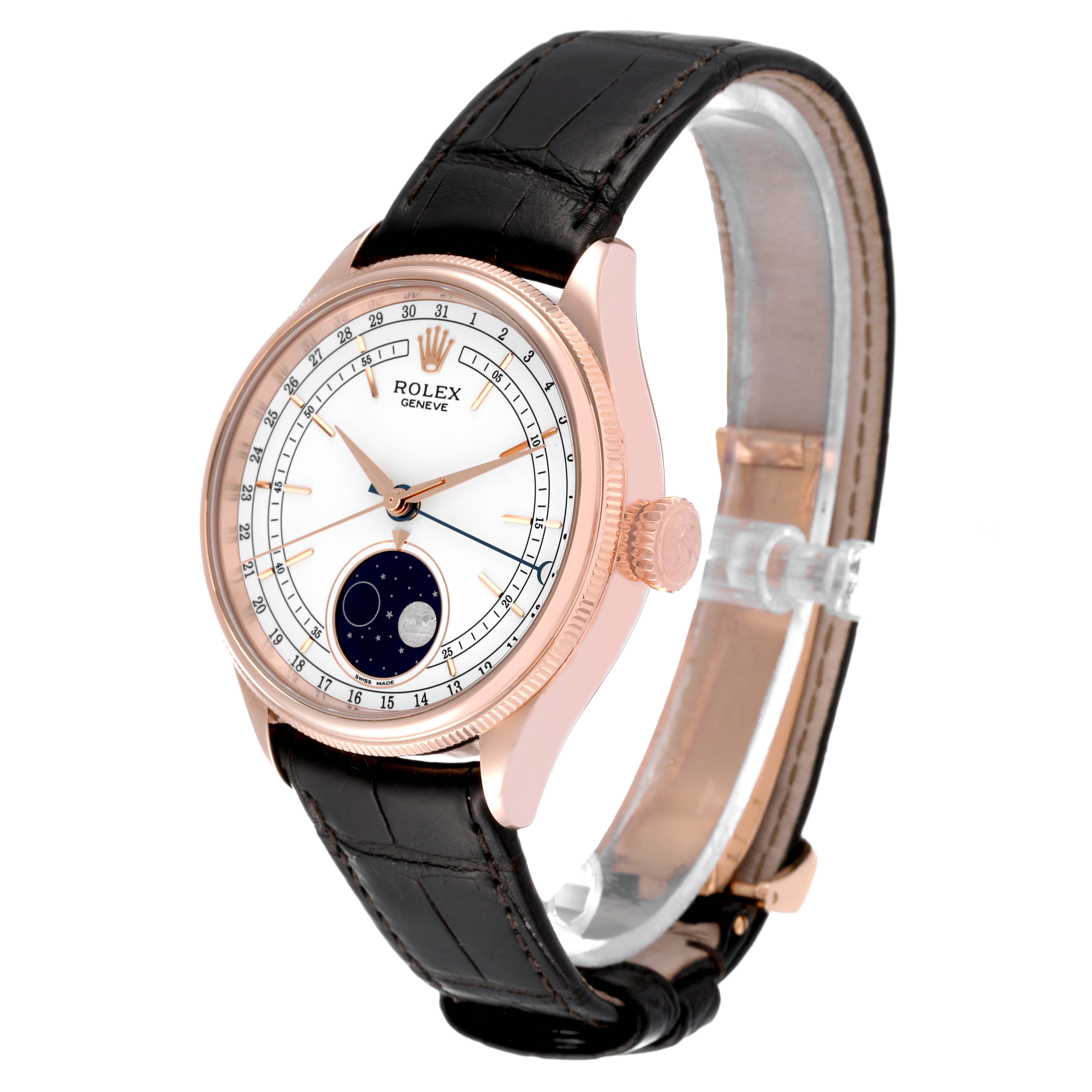 The Rolex Cellini 50535 Men's Rose Gold White Dial 50535 Men's Rose Gold White Dial watch is shown at an angle highlighting its face, bezel, crown, and black leather strap.