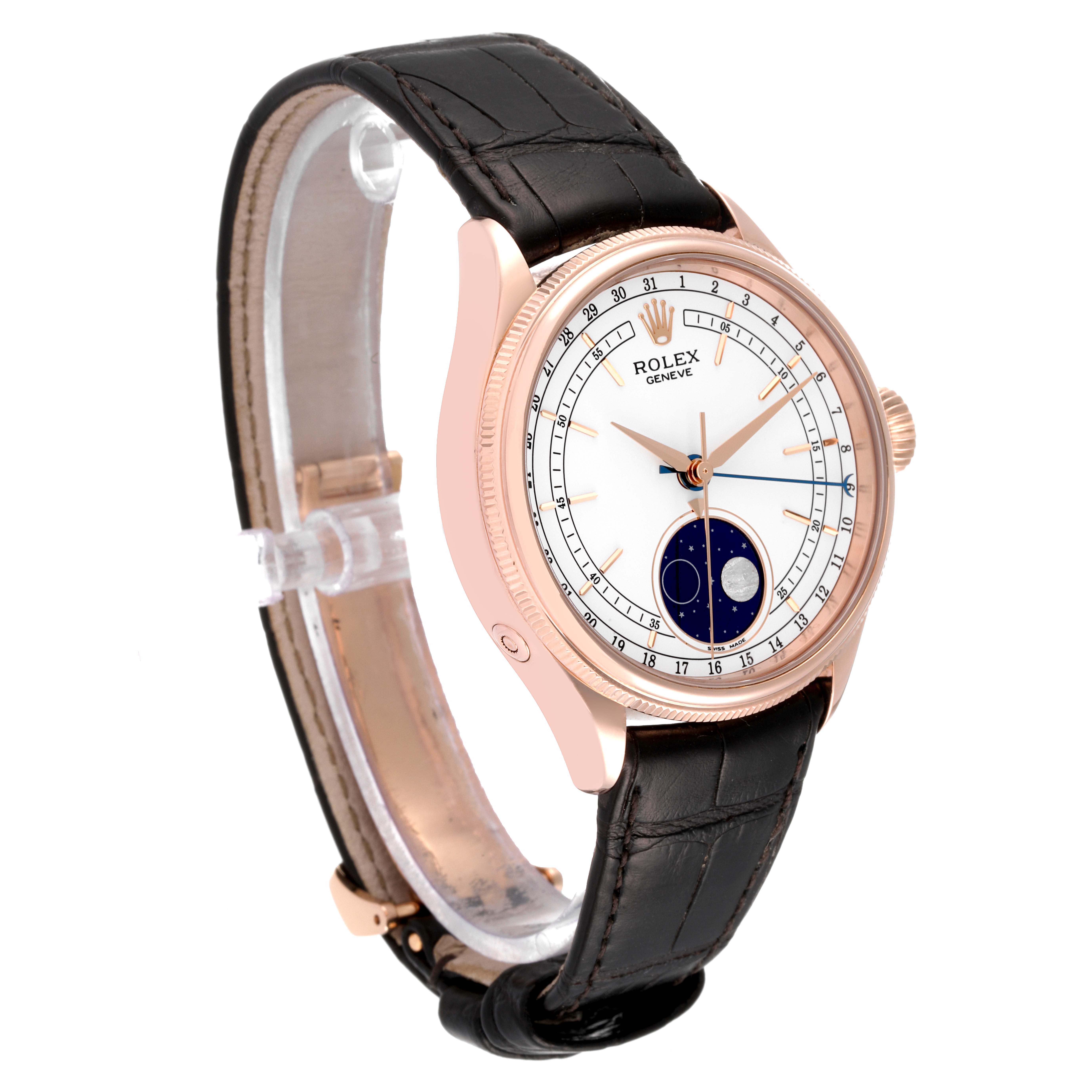 The image shows a Rolex Cellini 50535 Men's Rose Gold White Dial 50535 Men's Rose Gold White Dial watch at a three-quarter angle, highlighting the dial, bezel, crown, and leather strap.