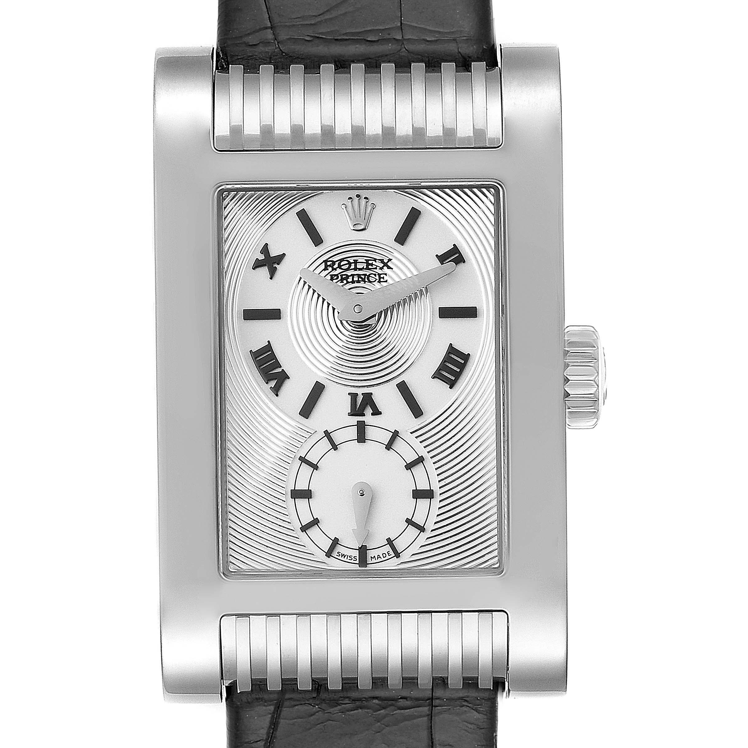 This is a front view of the Rolex Cellini 5441/9 Men
s White Gold Silver Dial 5441/9 Men
s White Gold Silver Dial model, showcasing the watch face, crown, and leather strap.