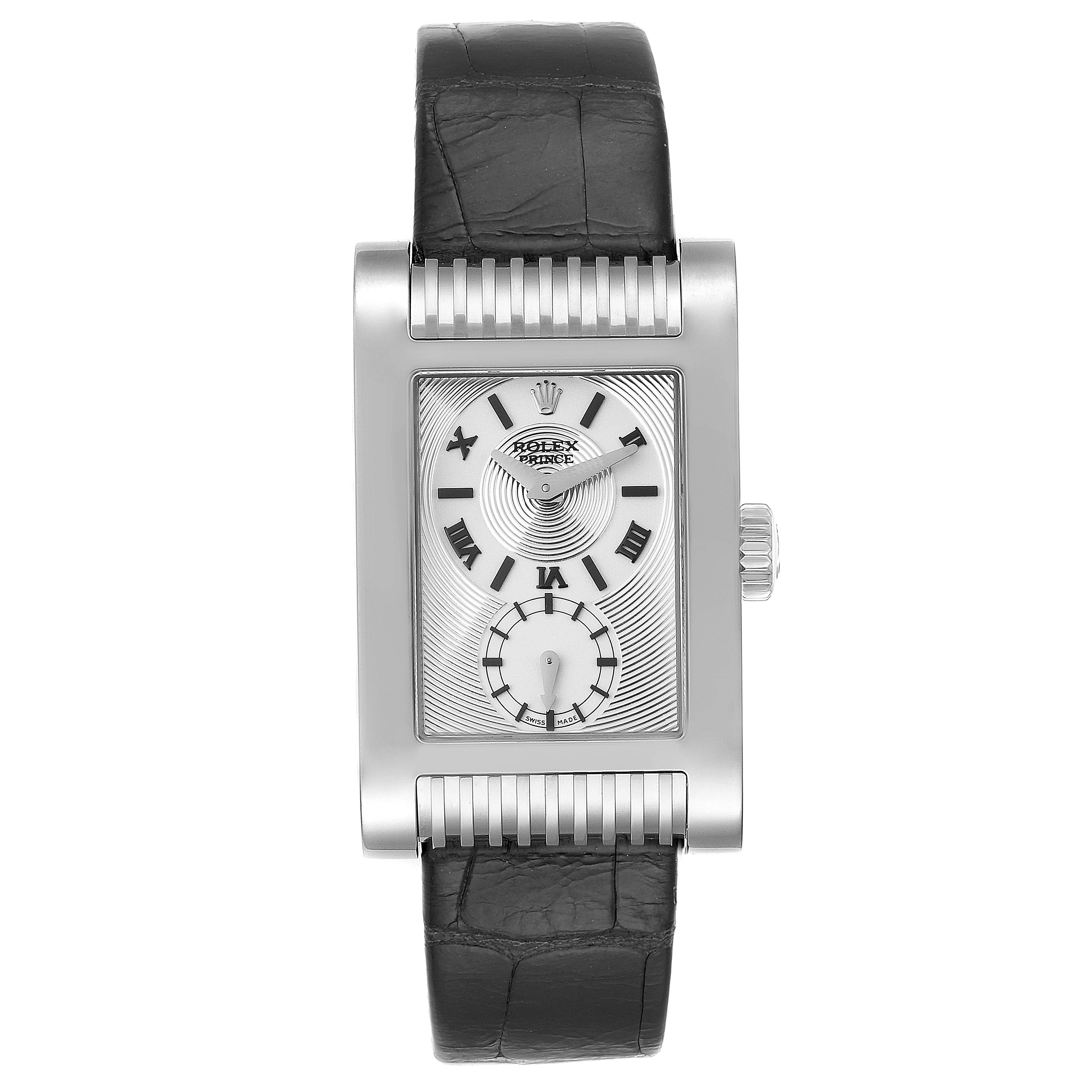 This is a frontal view of a Rolex Cellini 5441/9 Men
s White Gold Silver Dial 5441/9 Men
s White Gold Silver Dial Prince watch, displaying the face, dial, and black leather strap.