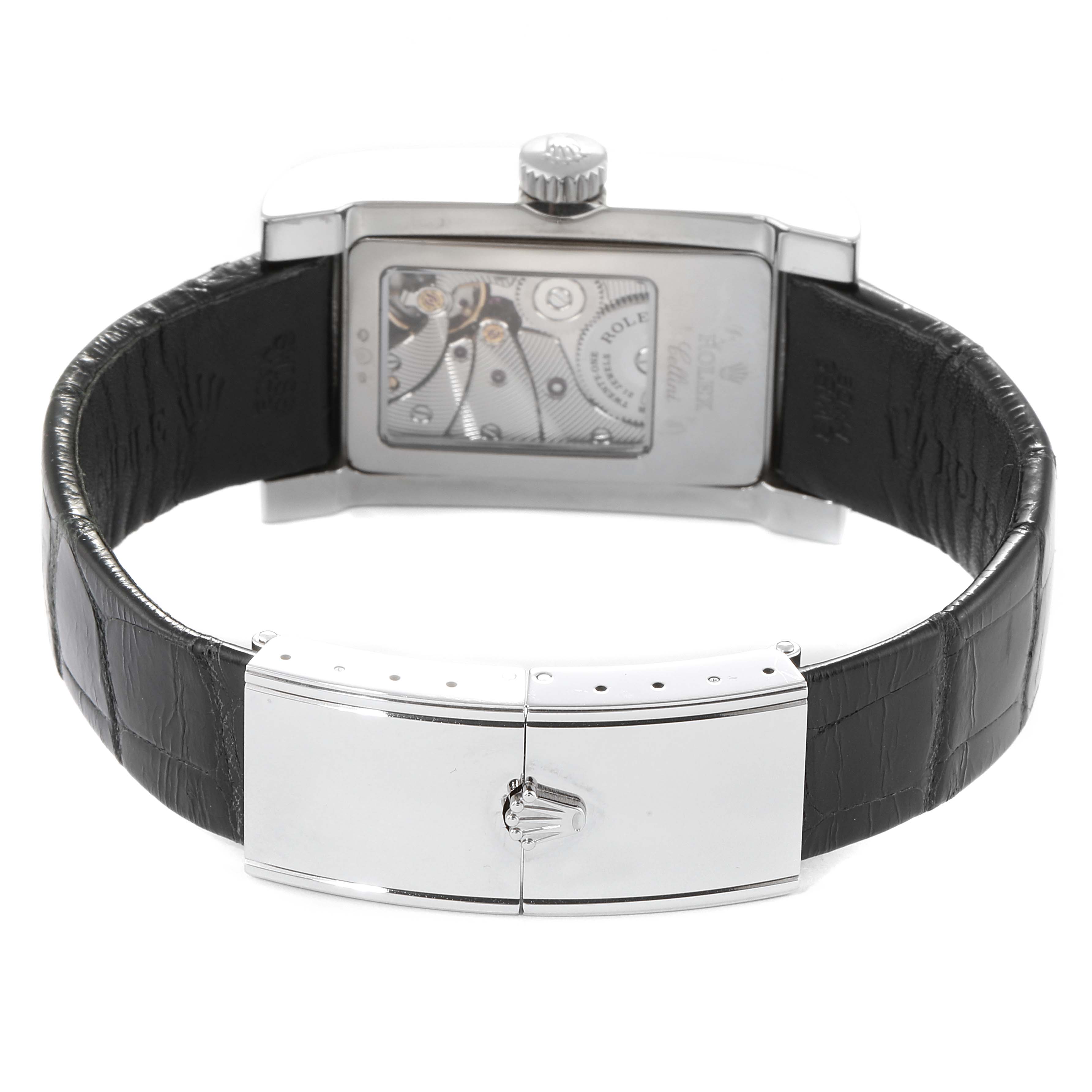 The image shows the back view of a Rolex Cellini 5441/9 Men
s White Gold Silver Dial 5441/9 Men
s White Gold Silver Dial watch, displaying the clasp and watch mechanism.