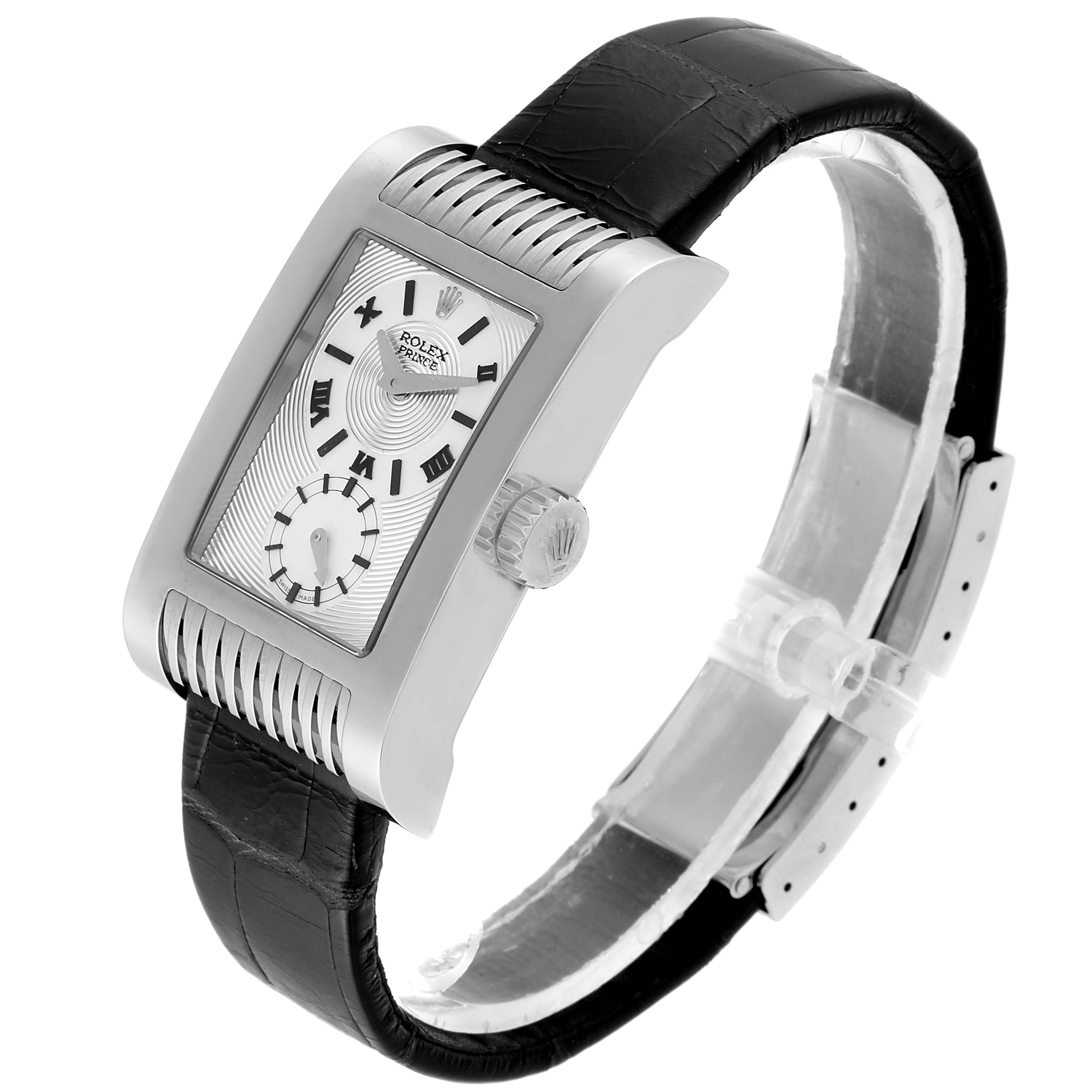 This image shows a Rolex Cellini 5441/9 Men
s White Gold Silver Dial 5441/9 Men
s White Gold Silver Dial watch from a 3/4 angle, displaying the face, side crown, and black leather strap.