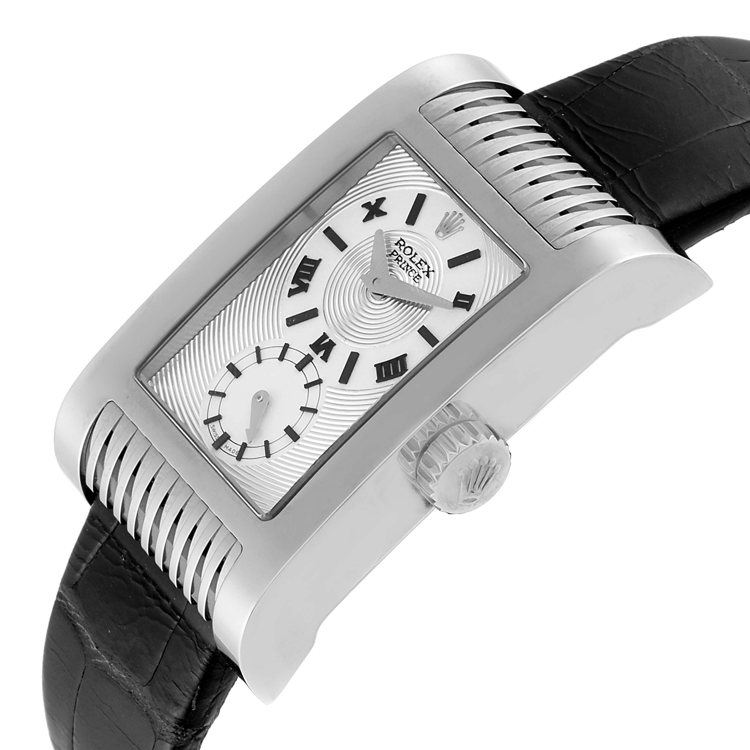 The image shows a side and top angle of a Rolex Cellini 5441/9 Men
s White Gold Silver Dial 5441/9 Men
s White Gold Silver Dial watch, highlighting its case, dial, crown, and leather strap.