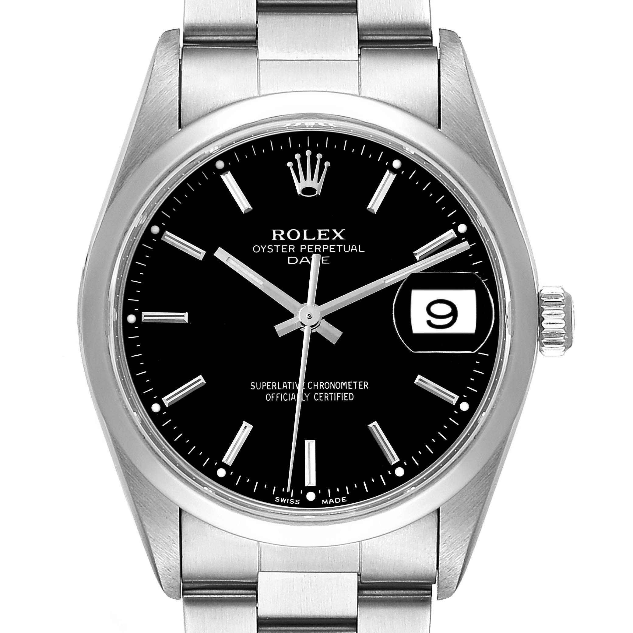 This image shows a Rolex Date 15200 Men's Stainless Steel Black Dial 15200 Men's Stainless Steel Black Dial model watch from a front angle, highlighting its dial, hands, date display, and bracelet.