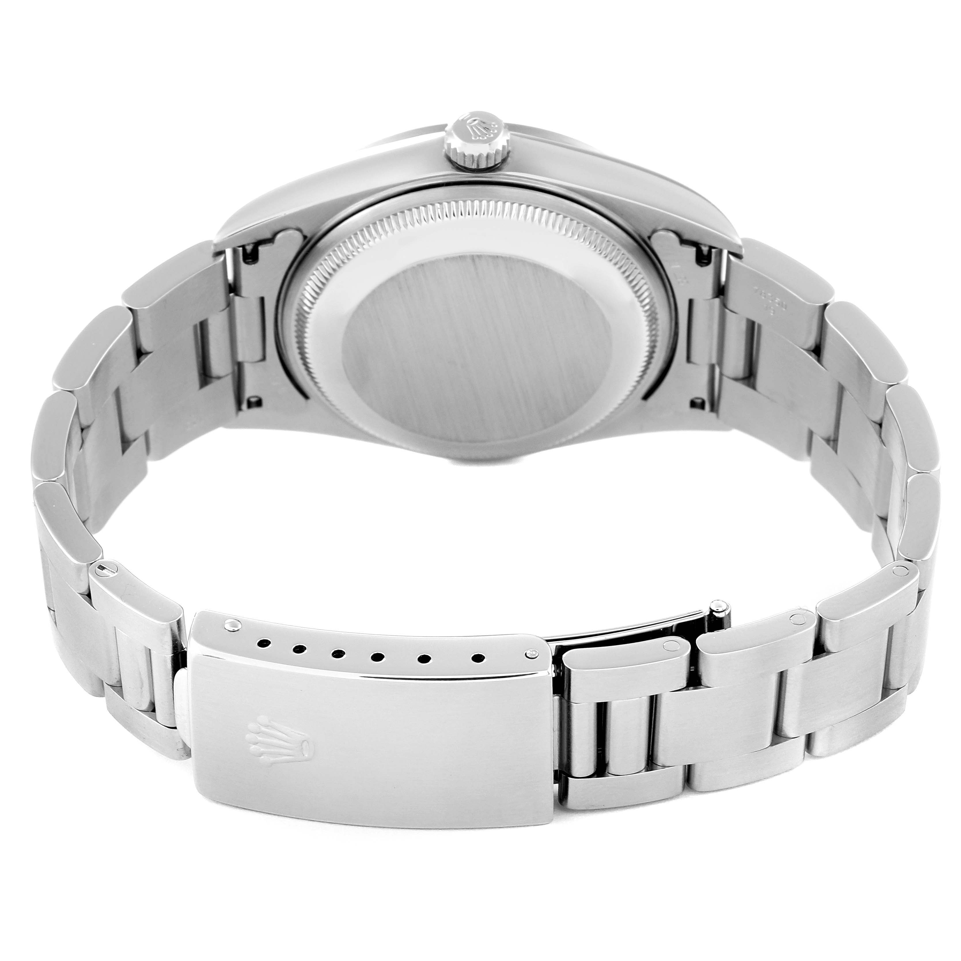 The image shows the back case and clasp of a Rolex Date 15200 Men's Stainless Steel Black Dial 15200 Men's Stainless Steel Black Dial model watch from a rear angle.