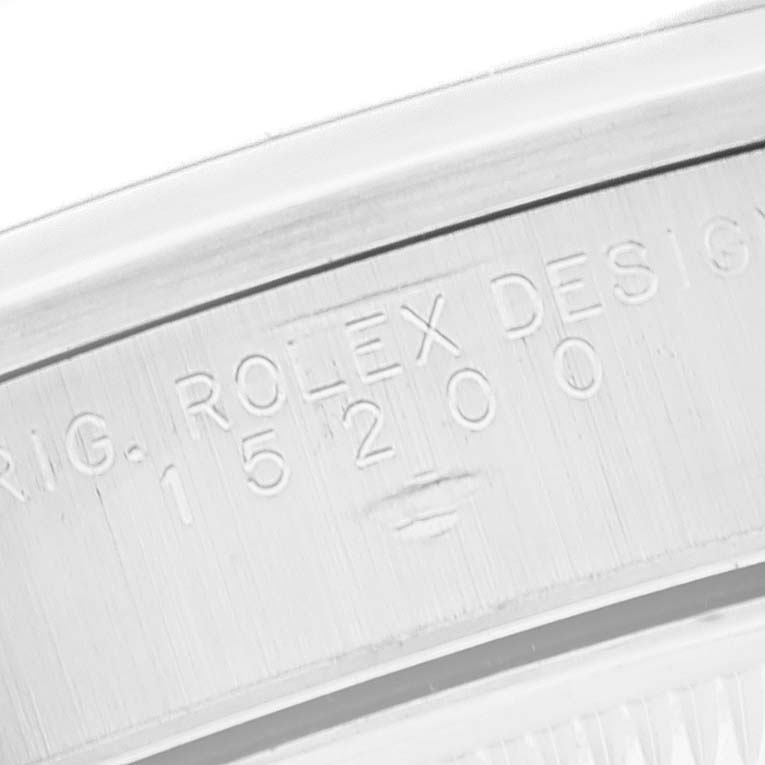 This image shows an extreme close-up of the caseback engraving on a Rolex Date 15200 Men's Stainless Steel Black Dial 15200 Men's Stainless Steel Black Dial model watch, highlighting the model number "15200."