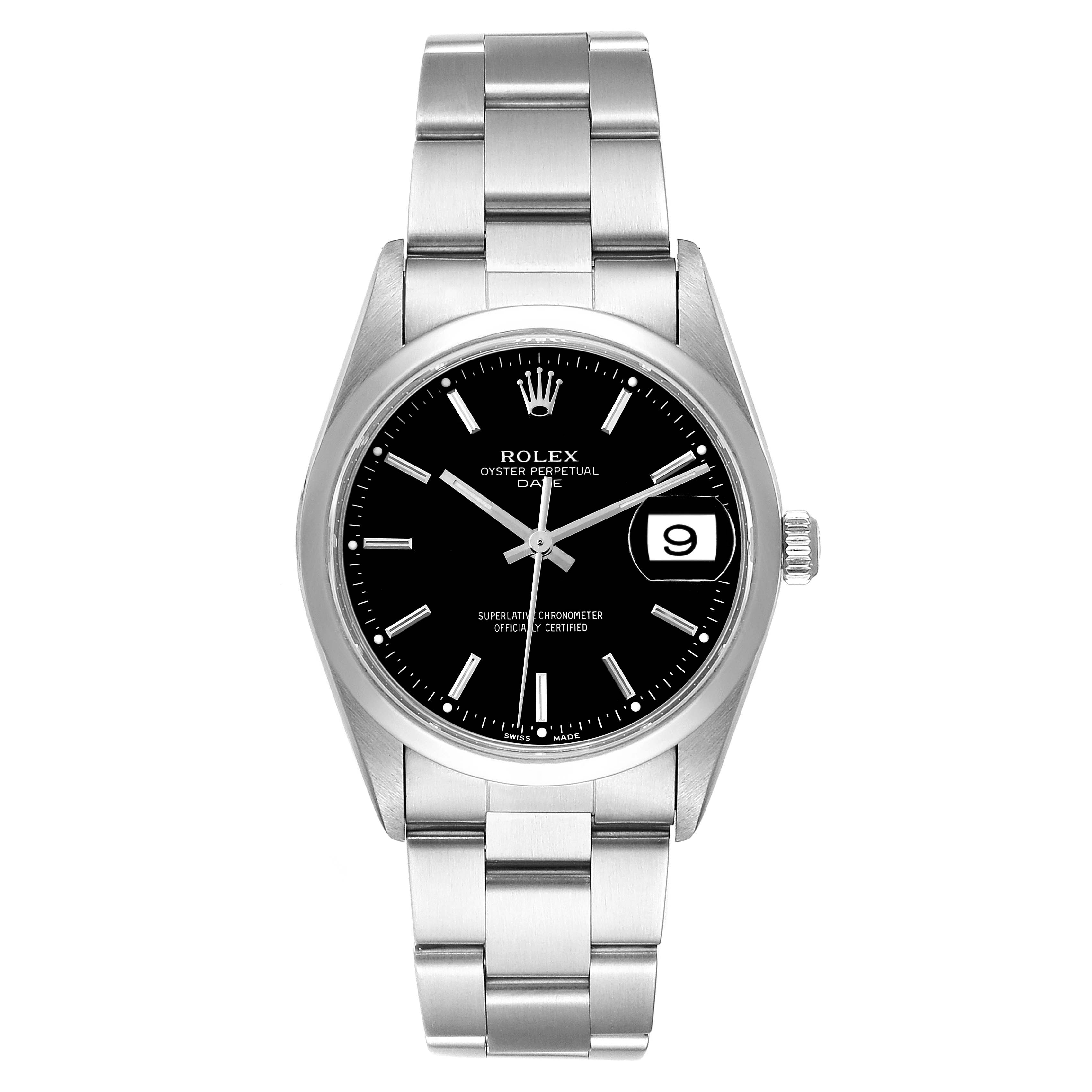 The Rolex Date 15200 Men's Stainless Steel Black Dial 15200 Men's Stainless Steel Black Dial model watch is shown from a top-down angle, highlighting its dial, case, and bracelet.
