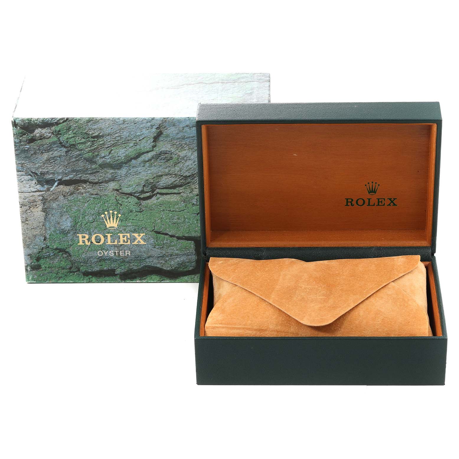 The image shows the packaging for a Rolex Date 15200 Men's Stainless Steel Black Dial 15200 Men's Stainless Steel Black Dial model, including an outer box, an inner wooden box, and a leather pouch.