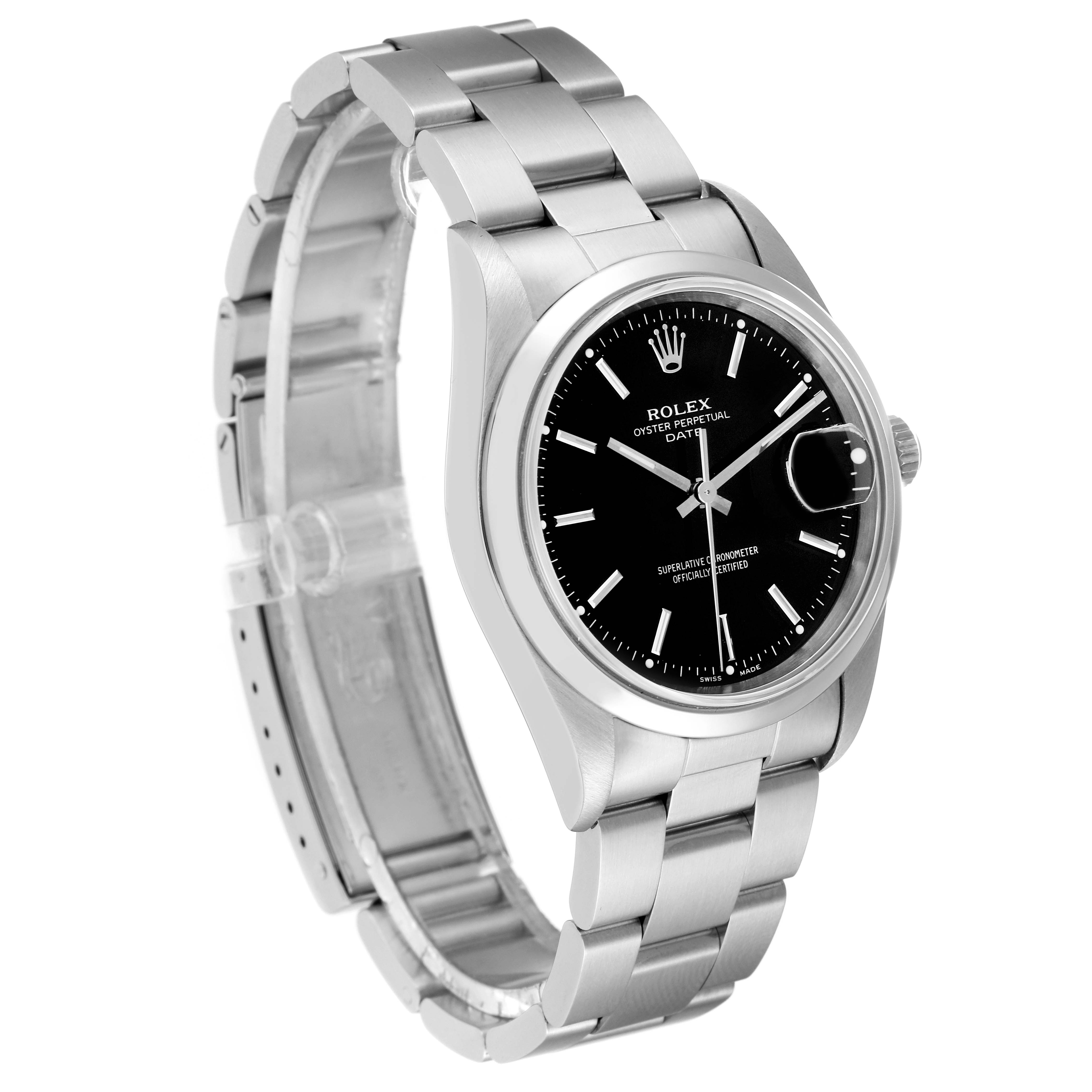 The Rolex Date 15200 Men's Stainless Steel Black Dial 15200 Men's Stainless Steel Black Dial watch is shown from a side angle, displaying the face and stainless steel bracelet.