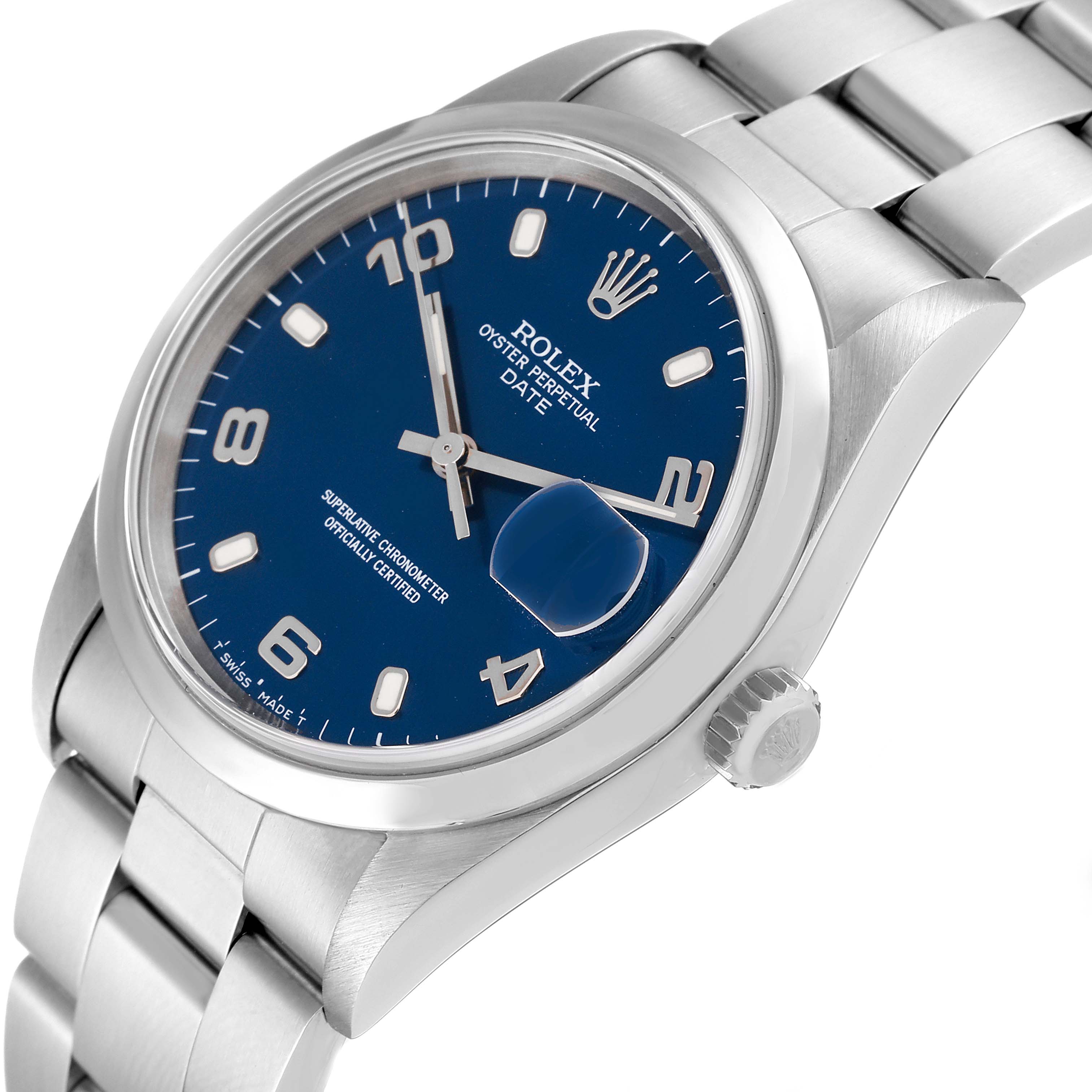 The image shows a Rolex Date 15200 Men's Stainless Steel Blue Dial 15200 Men's Stainless Steel Blue Dial model watch at a slight angle, highlighting the blue dial, crown, and part of the steel bracelet.