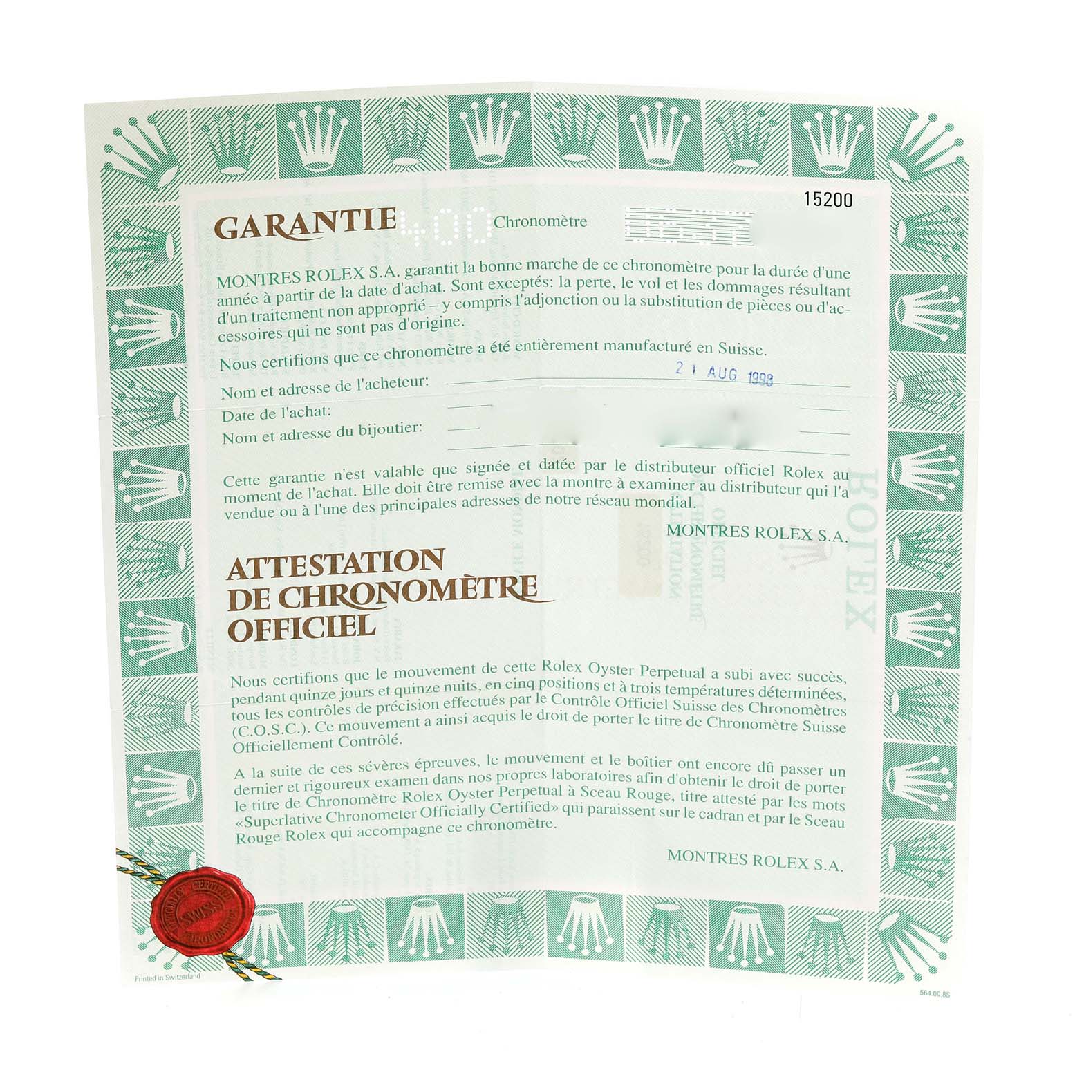 The image shows a Rolex warranty and chronometer certificate document for a Date model watch.