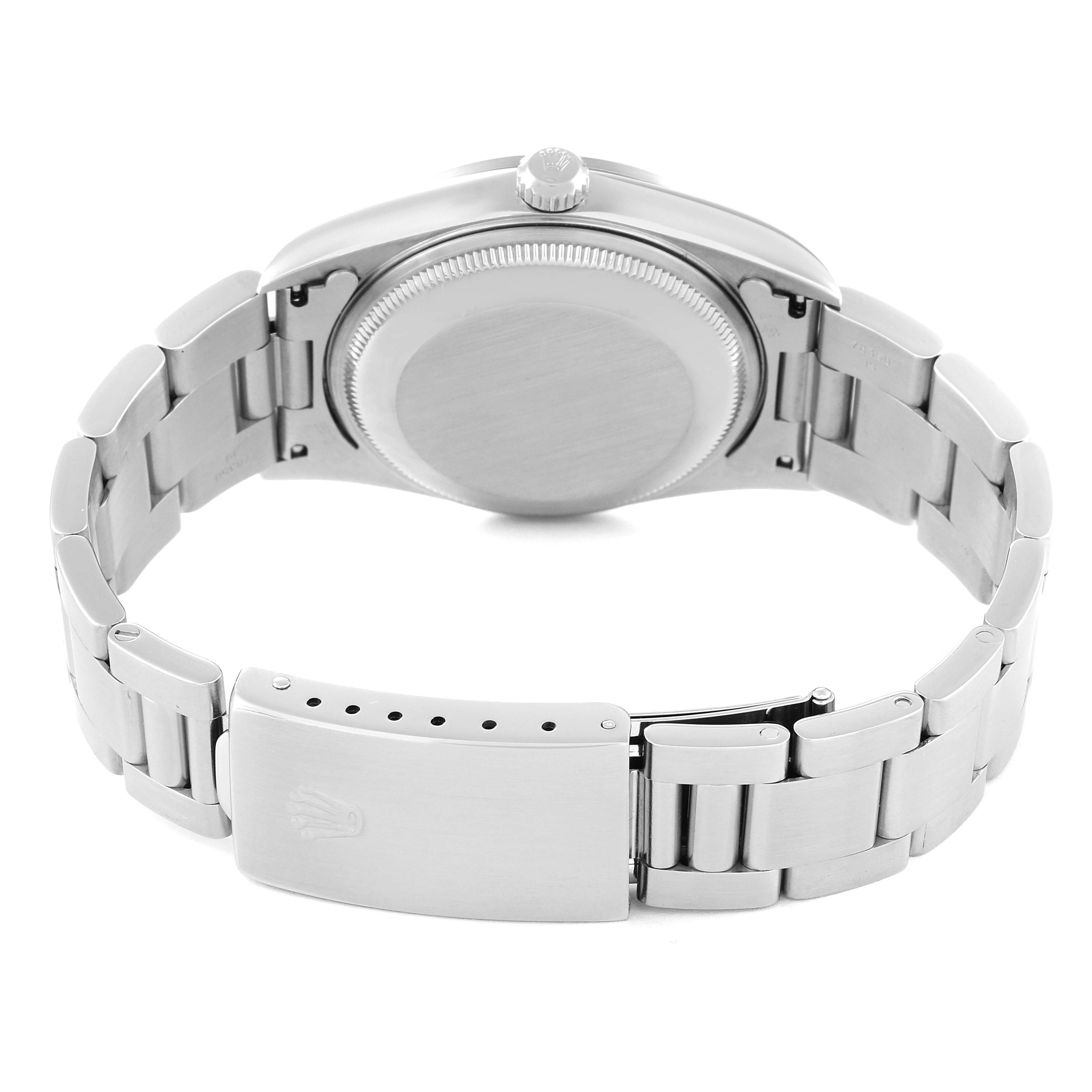 The image shows the back case and bracelet clasp of a Rolex Date 15200 Men's Stainless Steel Blue Dial 15200 Men's Stainless Steel Blue Dial model watch, viewed from the rear angle.