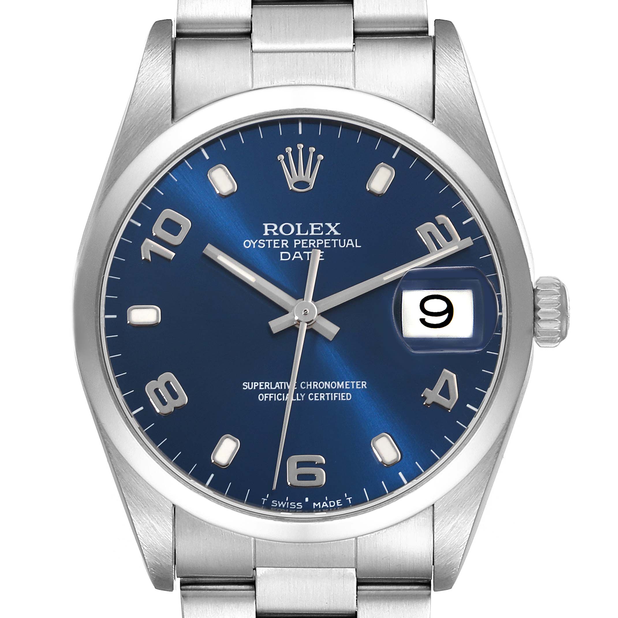 The image shows a Rolex Date 15200 Men's Stainless Steel Blue Dial 15200 Men's Stainless Steel Blue Dial model watch from a front angle, highlighting the blue dial, crown, and bracelet.