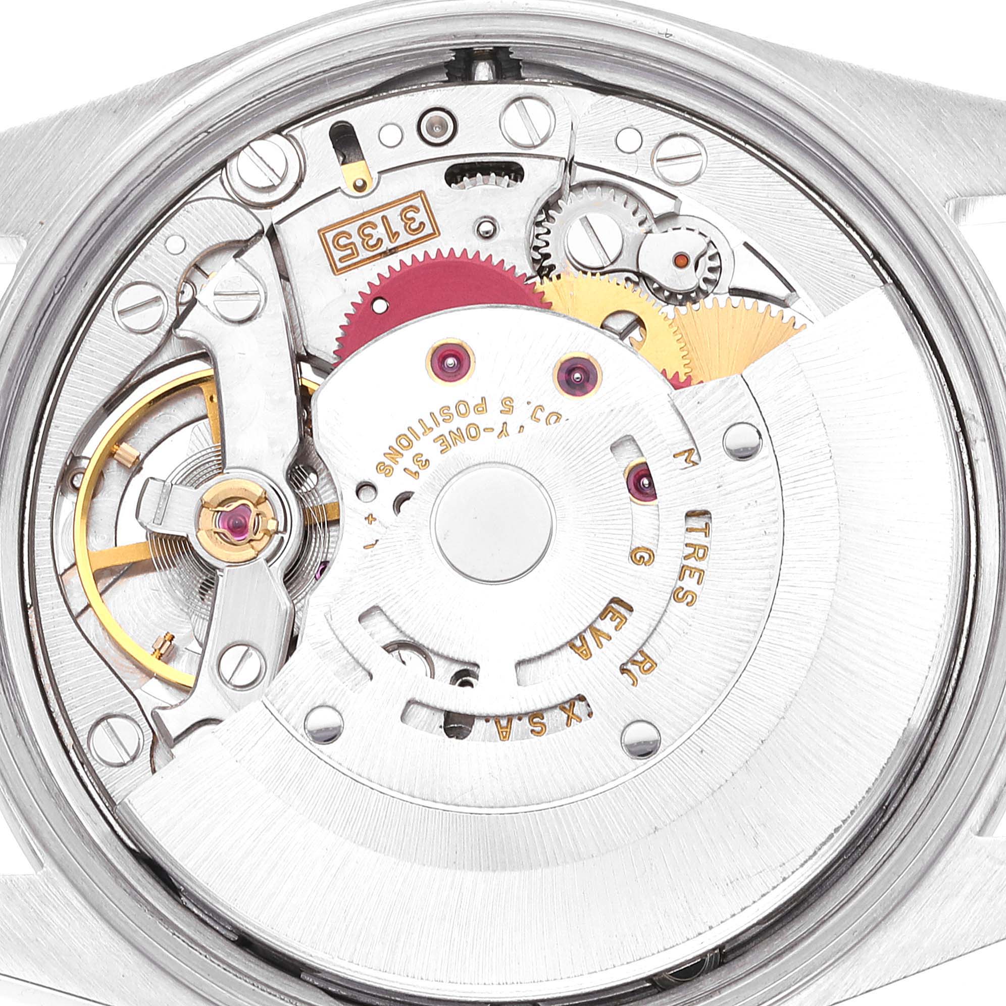 The image shows the internal movement and gears of the Rolex Date 15200 Men's Stainless Steel Blue Dial 15200 Men's Stainless Steel Blue Dial model watch from a top-down angle.