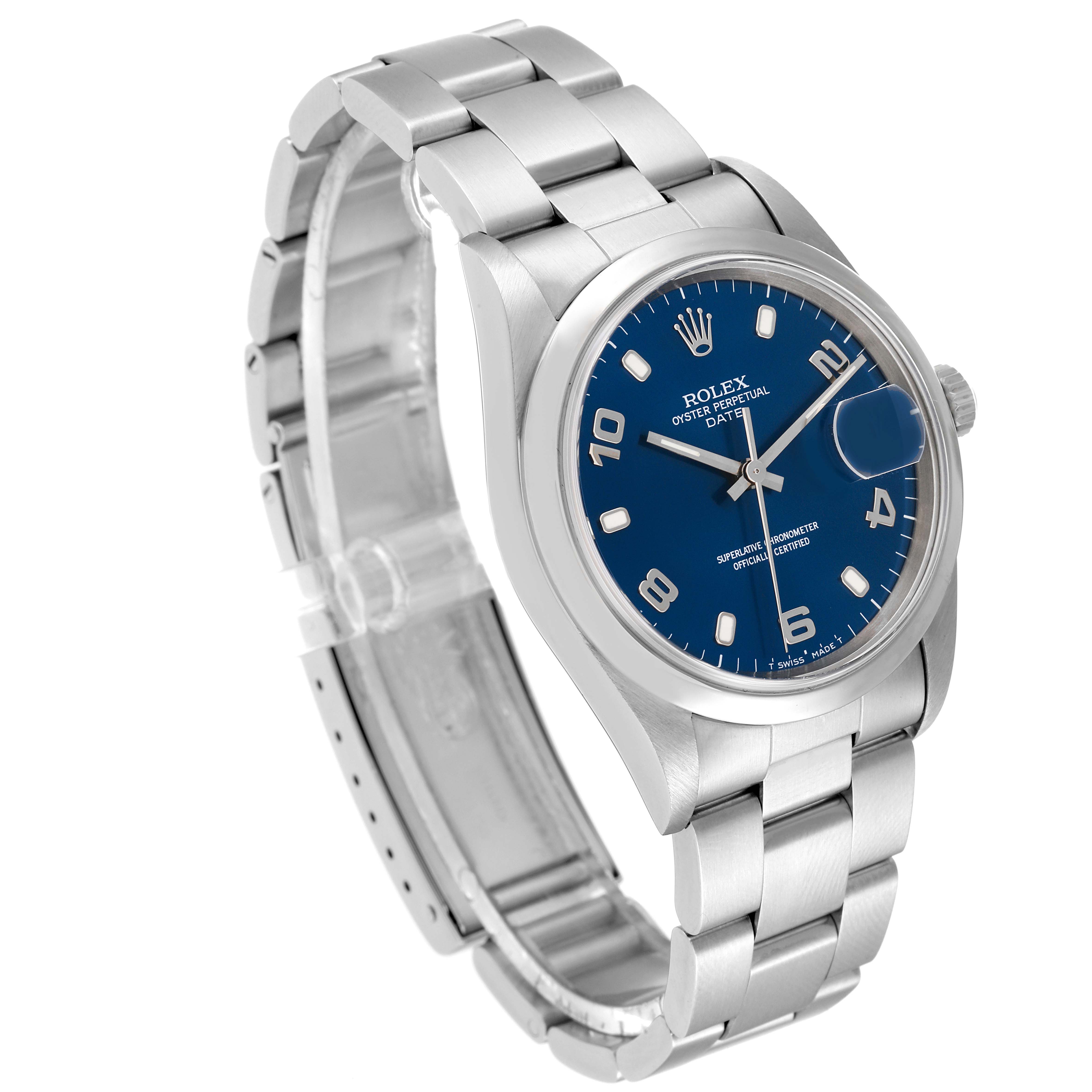 This image shows the Rolex Date 15200 Men's Stainless Steel Blue Dial 15200 Men's Stainless Steel Blue Dial model watch at a three-quarter angle, displaying the dial, case, bracelet, and clasp.