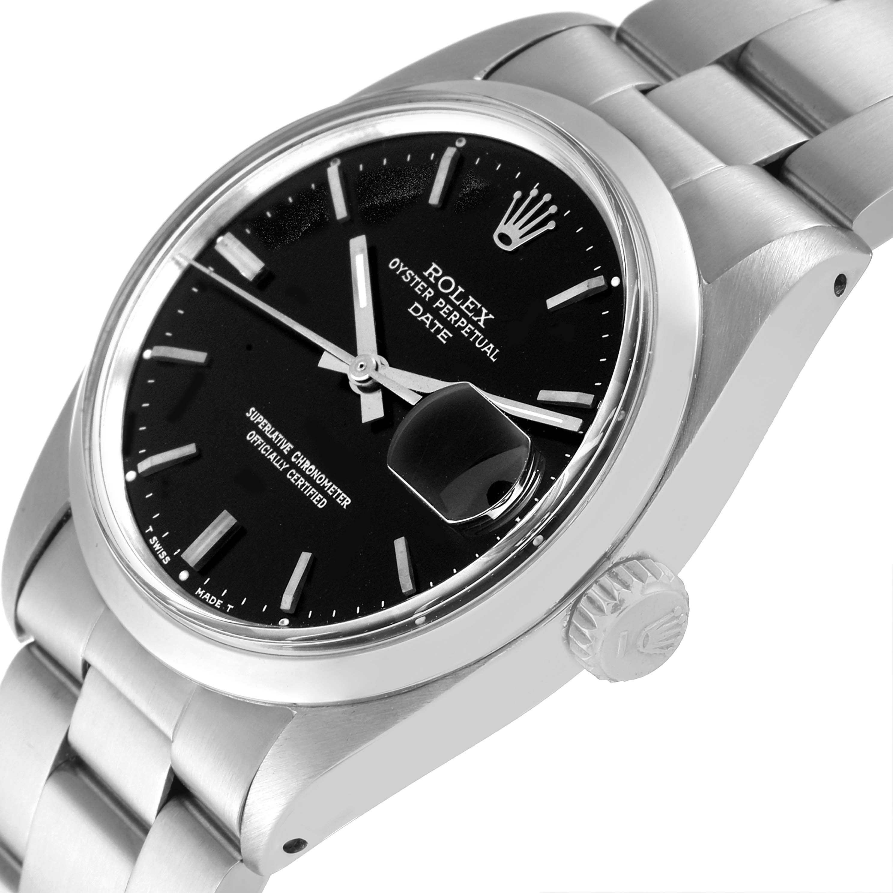 The image shows a close-up side angle of the Rolex Vintage Collection 1500 Men
s Stainless Steel Black Dial 1500 Men
s Stainless Steel Black Dial model, highlighting the dial, crown, and bracelet.