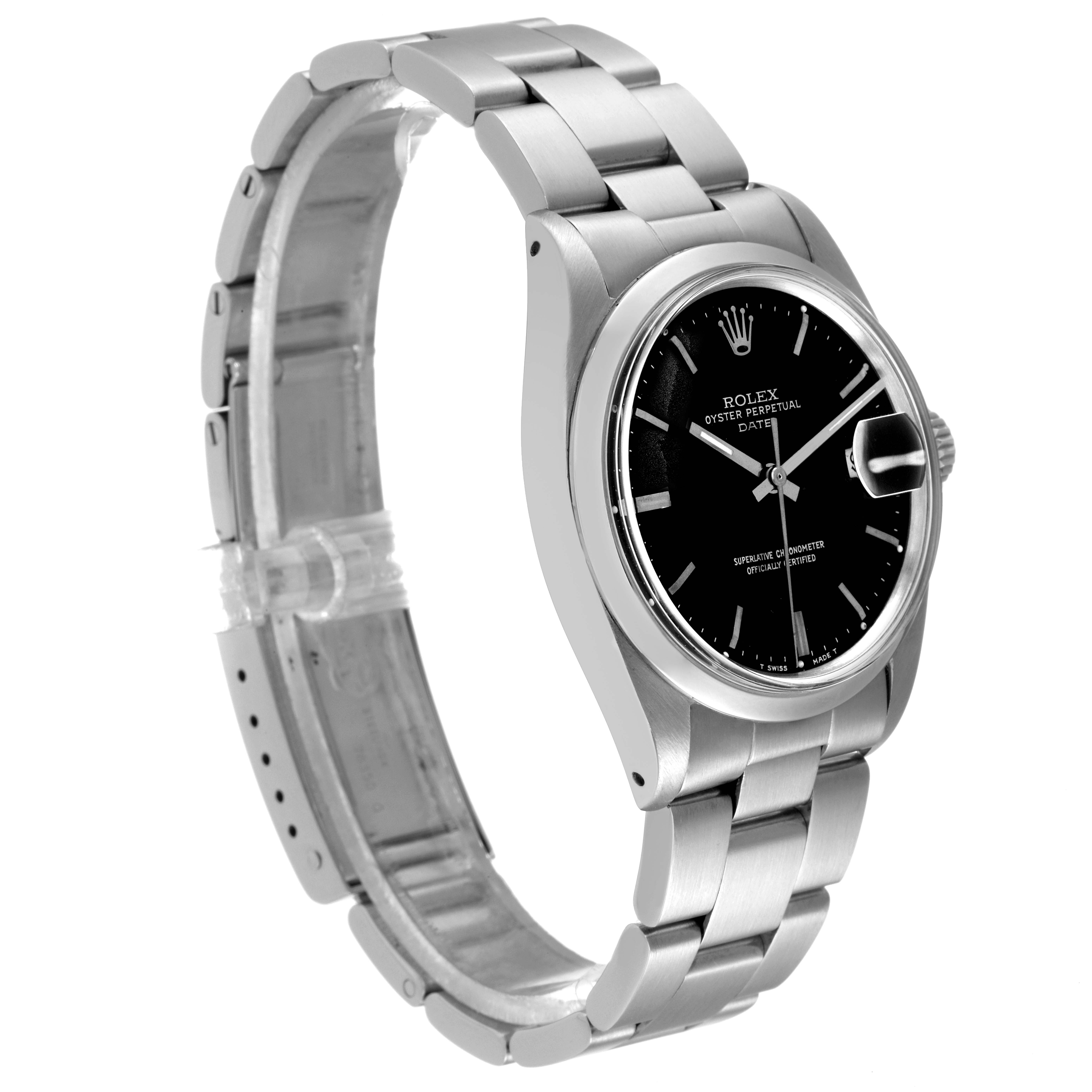 The image shows a side-angled view of a Rolex Vintage Collection 1500 Men
s Stainless Steel Black Dial 1500 Men
s Stainless Steel Black Dial watch, highlighting the face, crown, and stainless steel bracelet.