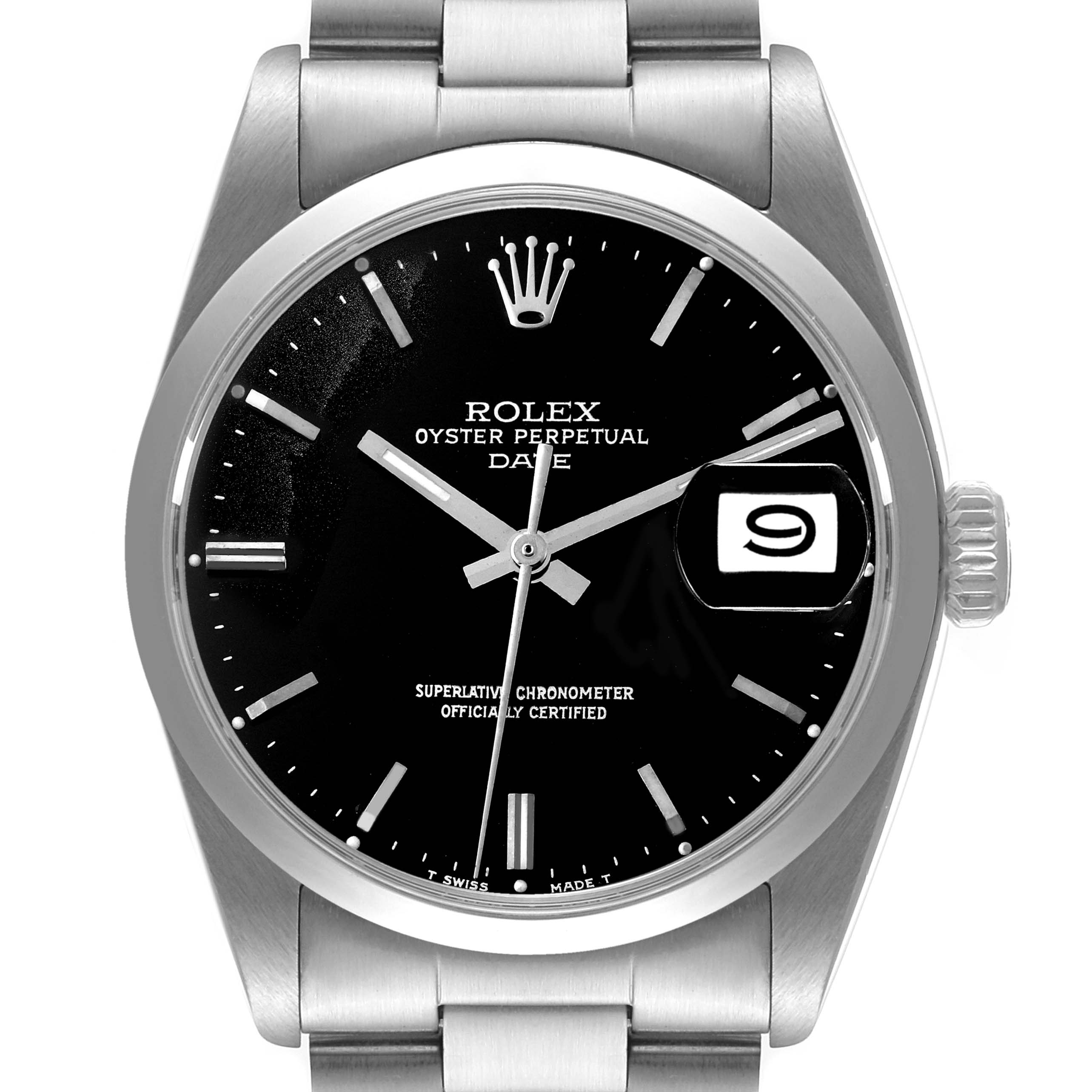 The image shows a frontal view of the Rolex Oyster Perpetual Date from the Vintage Collection, highlighting its dial and bracelet.