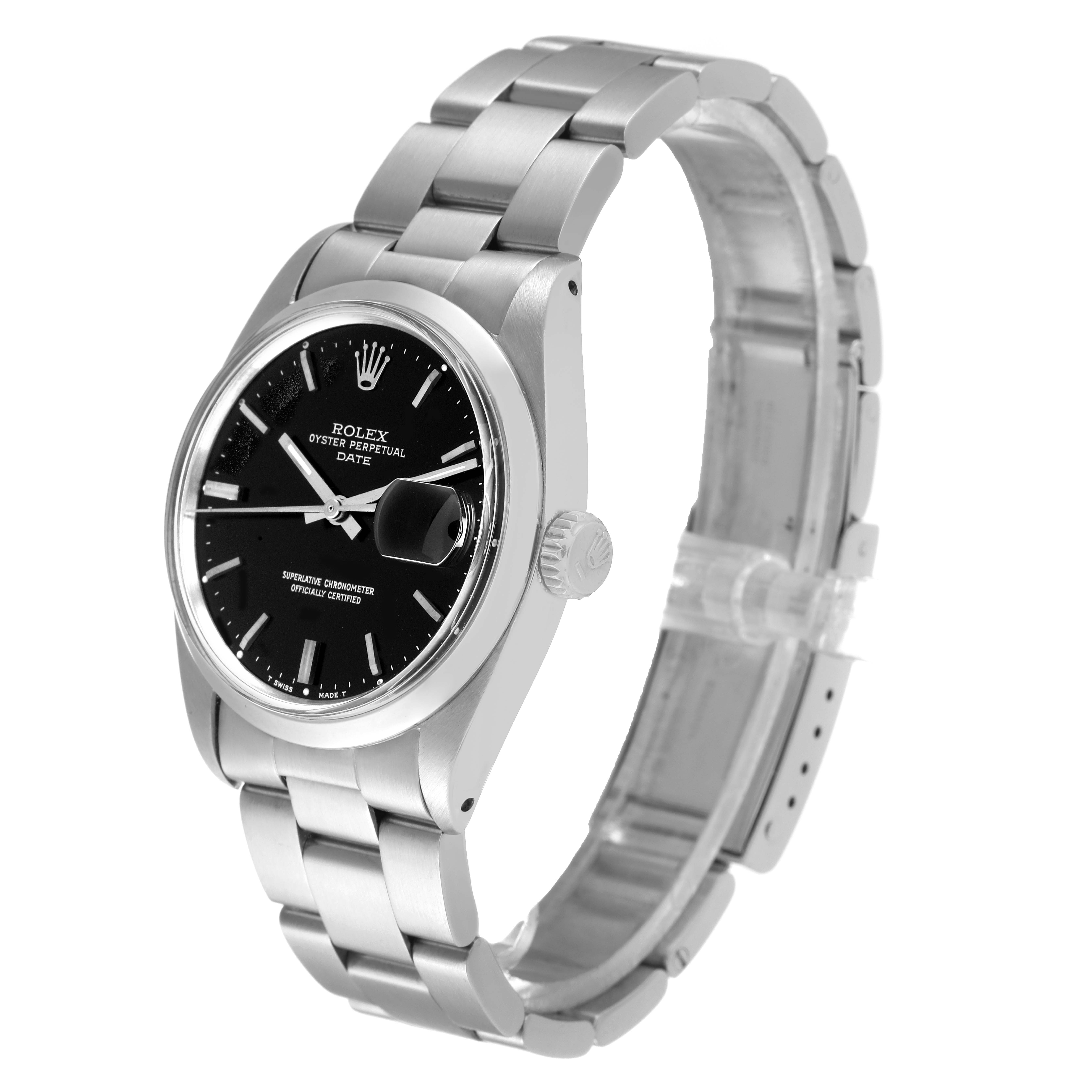 The image shows a Rolex Vintage Collection 1500 Men
s Stainless Steel Black Dial 1500 Men
s Stainless Steel Black Dial watch at a three-quarter angle, highlighting the face, band, and crown.