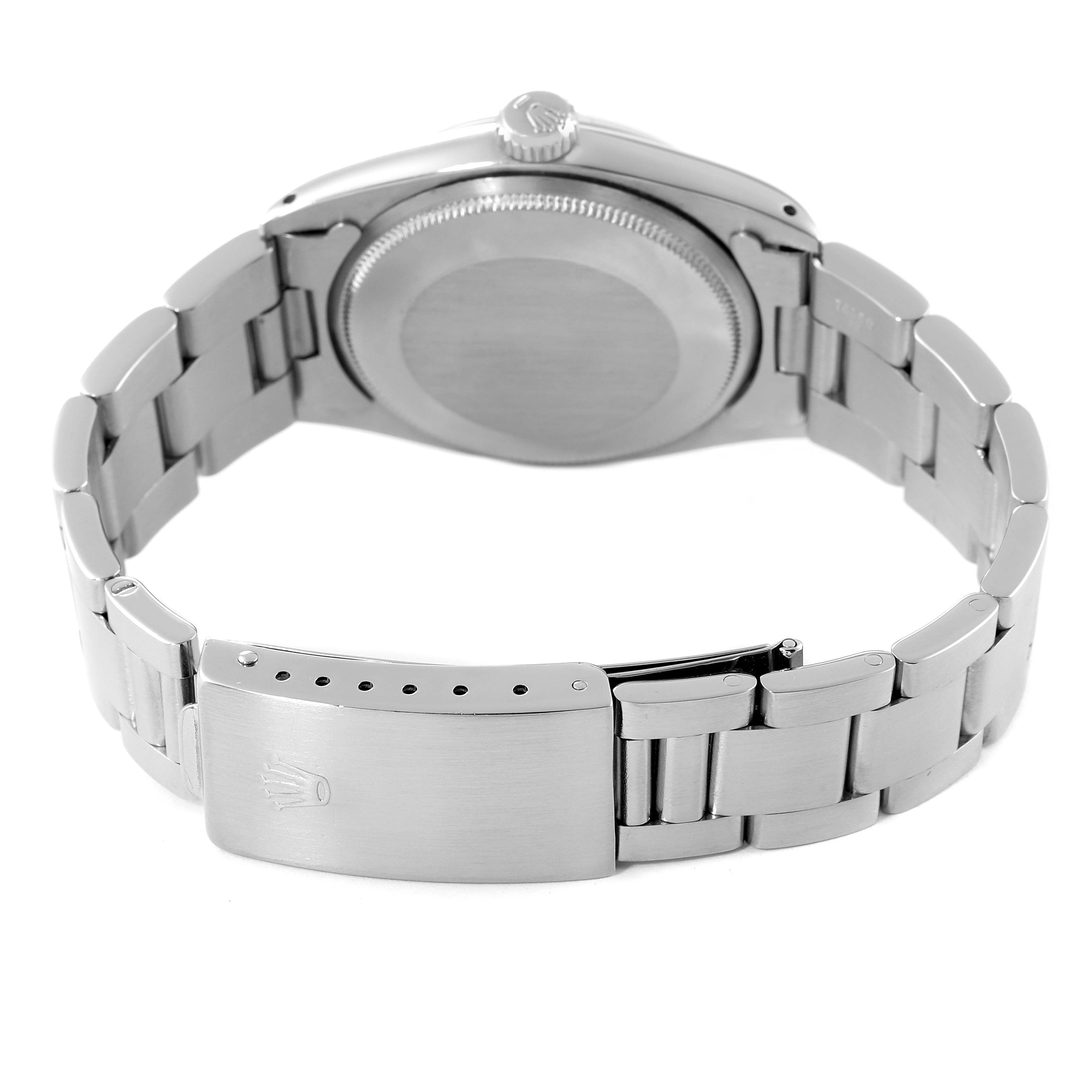 The image shows the back view of a Rolex Vintage Collection 1500 Men
s Stainless Steel Black Dial 1500 Men
s Stainless Steel Black Dial watch, highlighting the case back, clasp, and metal bracelet.