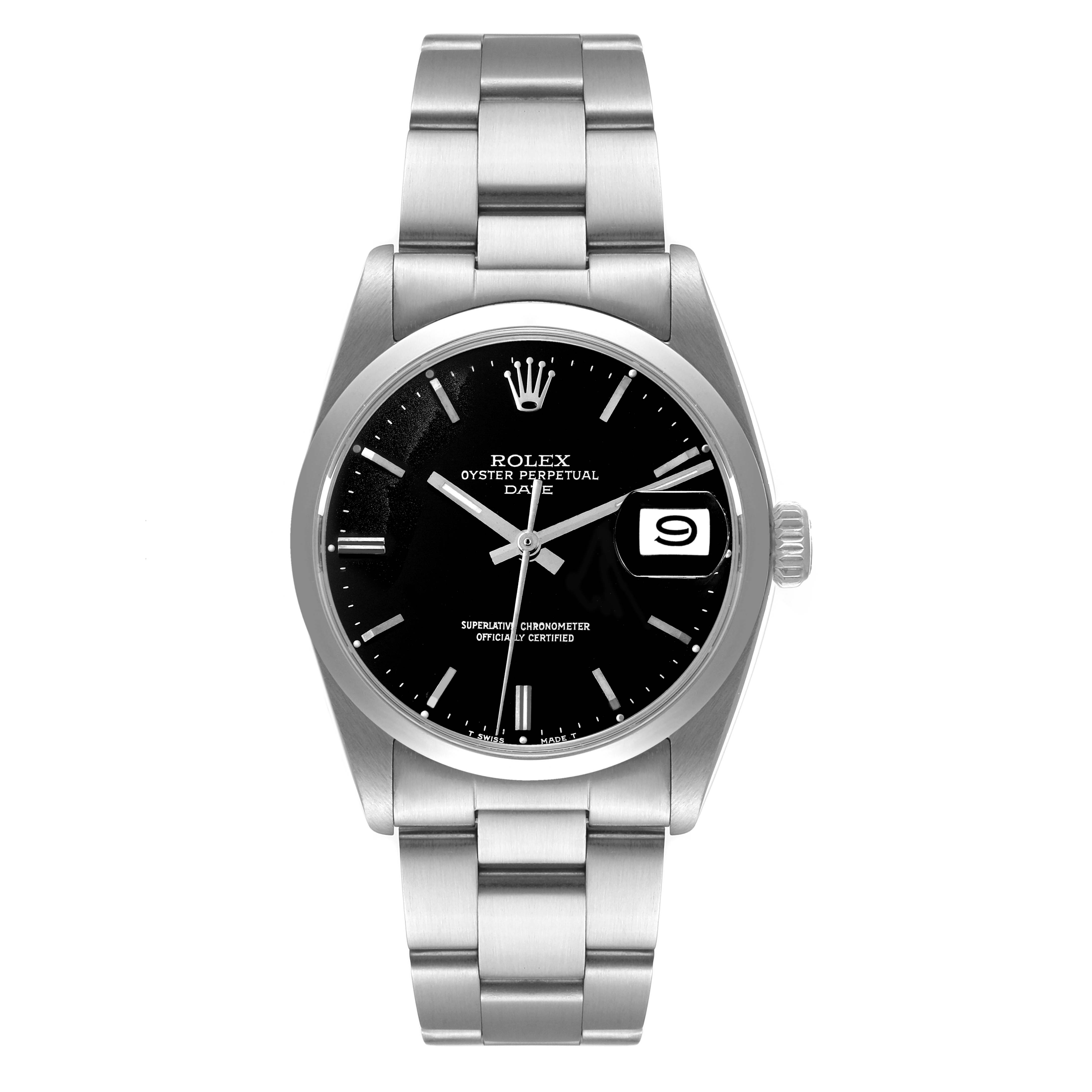 This is a front view of a Rolex Vintage Collection 1500 Men
s Stainless Steel Black Dial 1500 Men
s Stainless Steel Black Dial watch, displaying the dial, hands, date, and bracelet.