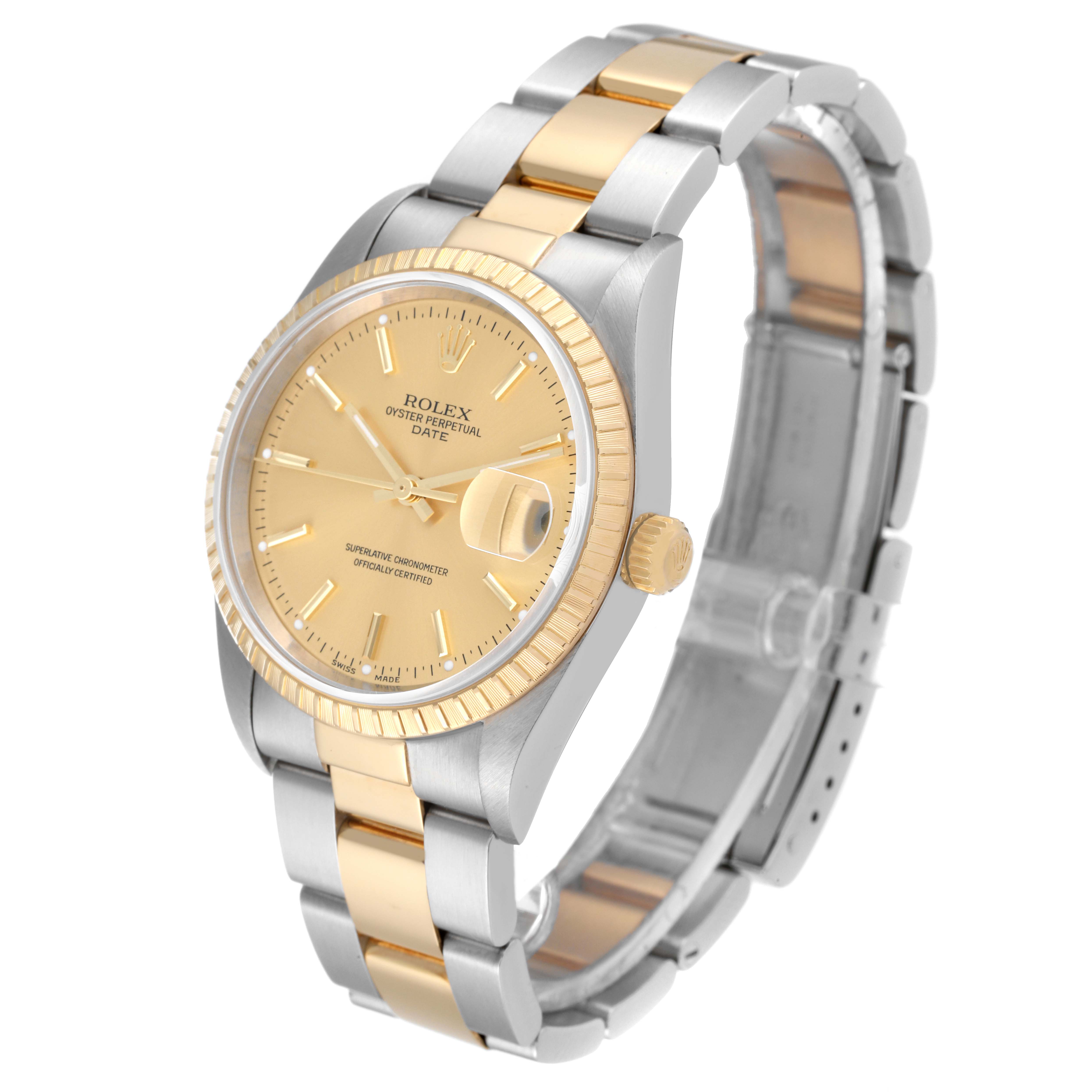 This image shows a Rolex Oyster Perpetual Date watch at a slightly tilted angle, displaying the dial, bezel, crown, and bracelet.