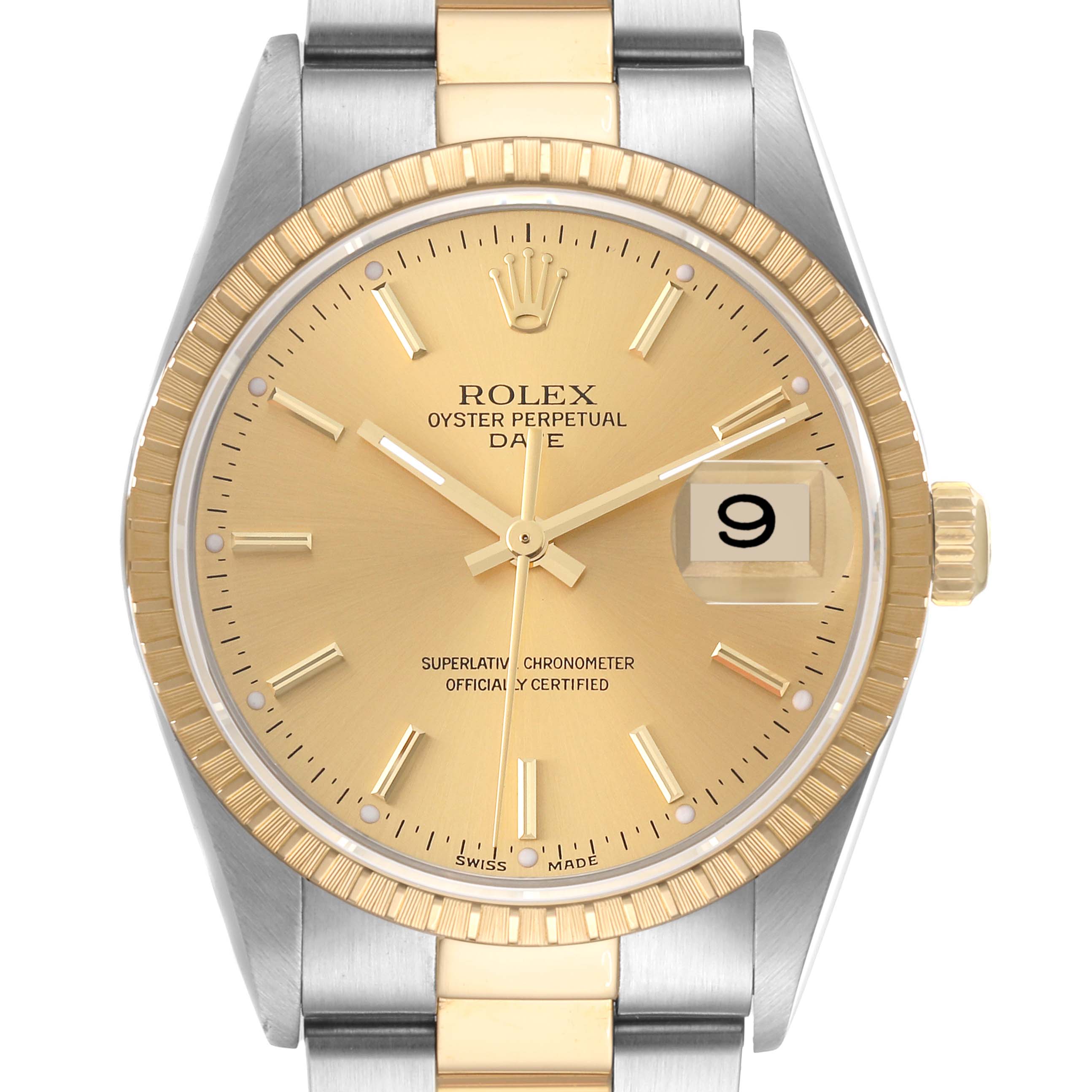 The image shows a front view of a Rolex Oyster Perpetual Date watch, highlighting its gold dial, date window, and two-tone bracelet.