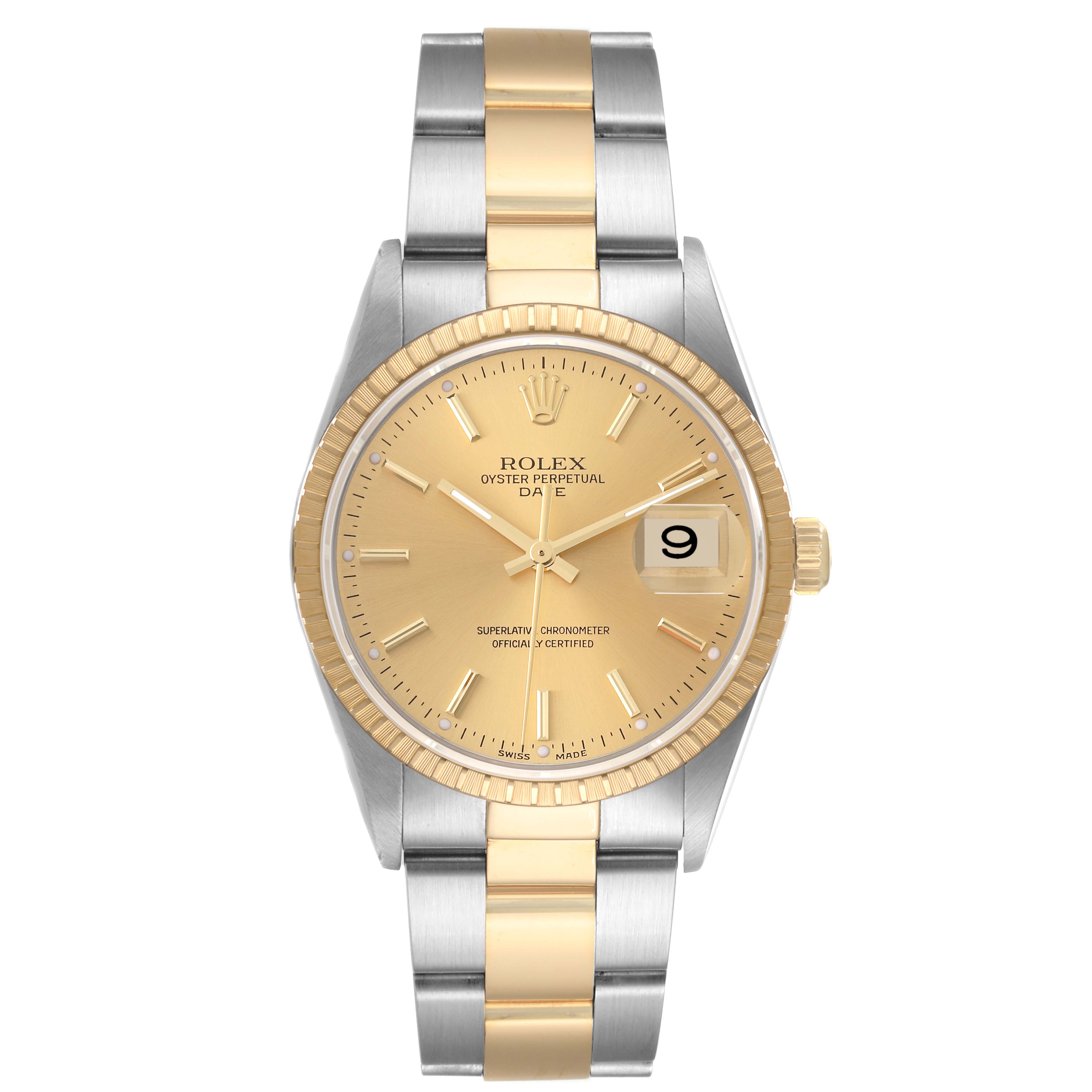This image shows a front view of the Rolex Date 15223 Men's Steel and Gold (two tone) Champagne Dial 15223 Men's Steel and Gold (two tone) Champagne Dial model watch, displaying its face, bezel, and two-tone bracelet.