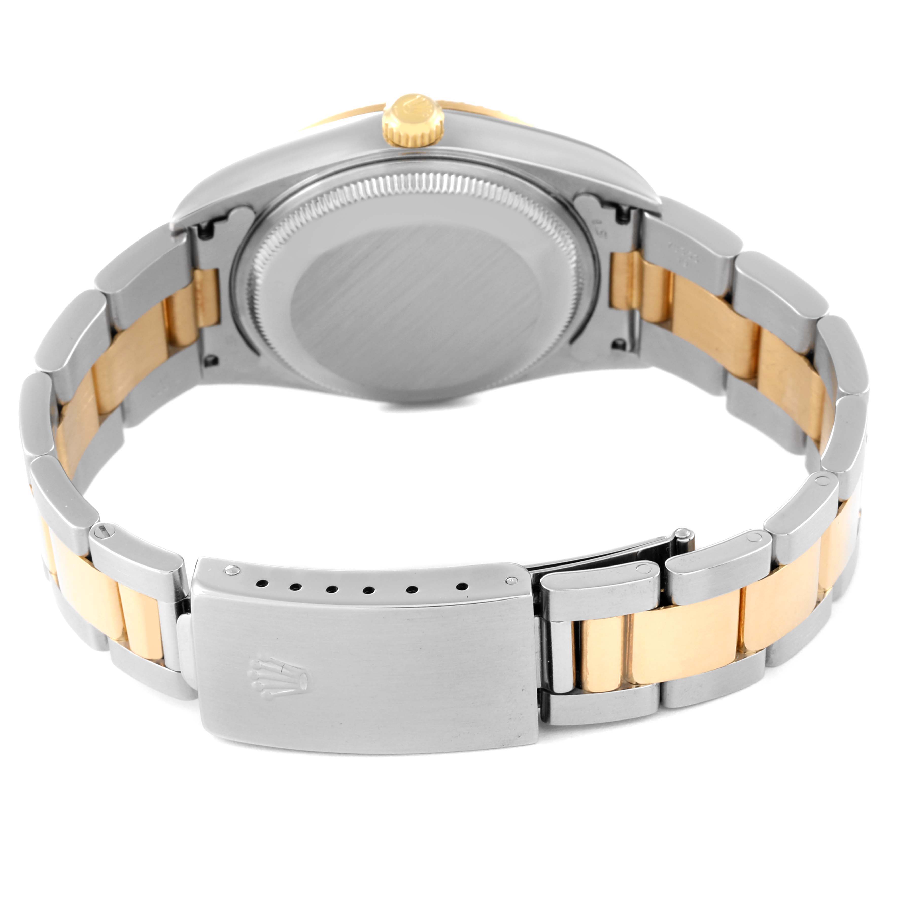 The image shows the back case and clasp of a Rolex Date 15223 Men's Steel and Gold (two tone) Champagne Dial 15223 Men's Steel and Gold (two tone) Champagne Dial model watch, along with a two-tone metal bracelet.