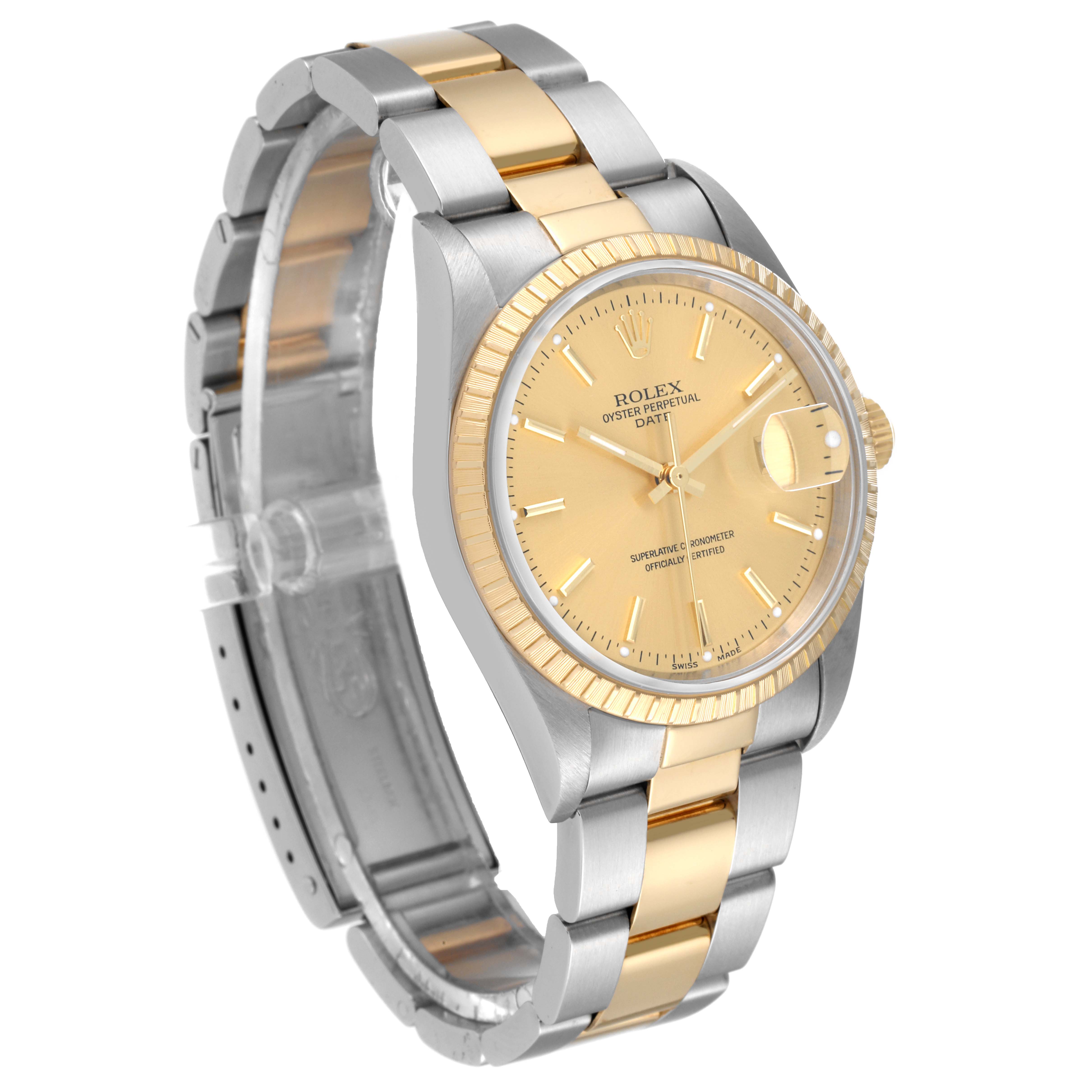 The image shows a Rolex Date 15223 Men's Steel and Gold (two tone) Champagne Dial 15223 Men's Steel and Gold (two tone) Champagne Dial model watch at a slight angle, showcasing its dial, bezel, and two-tone bracelet.